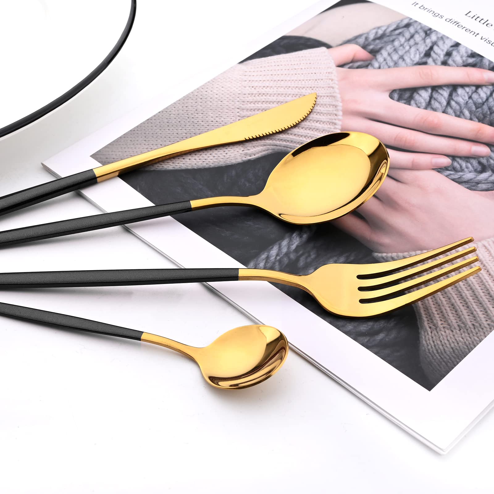 Set di posate a specchio, 24 pezzi in acciaio inox 18/0, con manico nero, semplice e moderno, per casa, feste, ristoranti, cene di Natale, servizio per 6 (oro nero)
