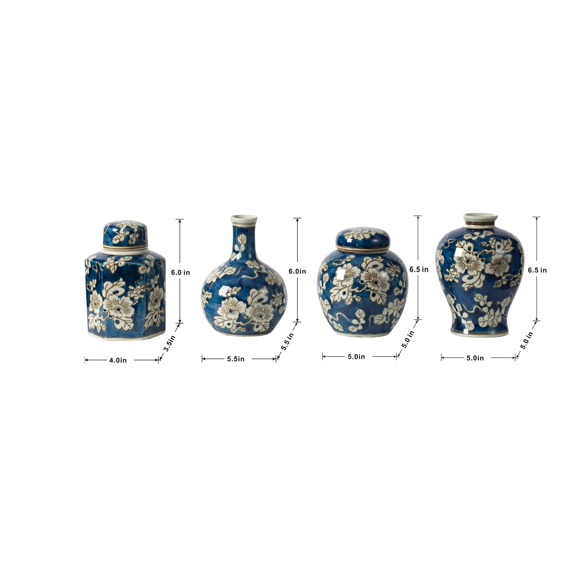 A&B Home Blue and White Ceramic Jar Set of 4 - Hand Painted Floral Pattern, Blue Vases with Lids, Home D??cor Storage Solution, Hot Glazed, 4'' to 7'' Tall