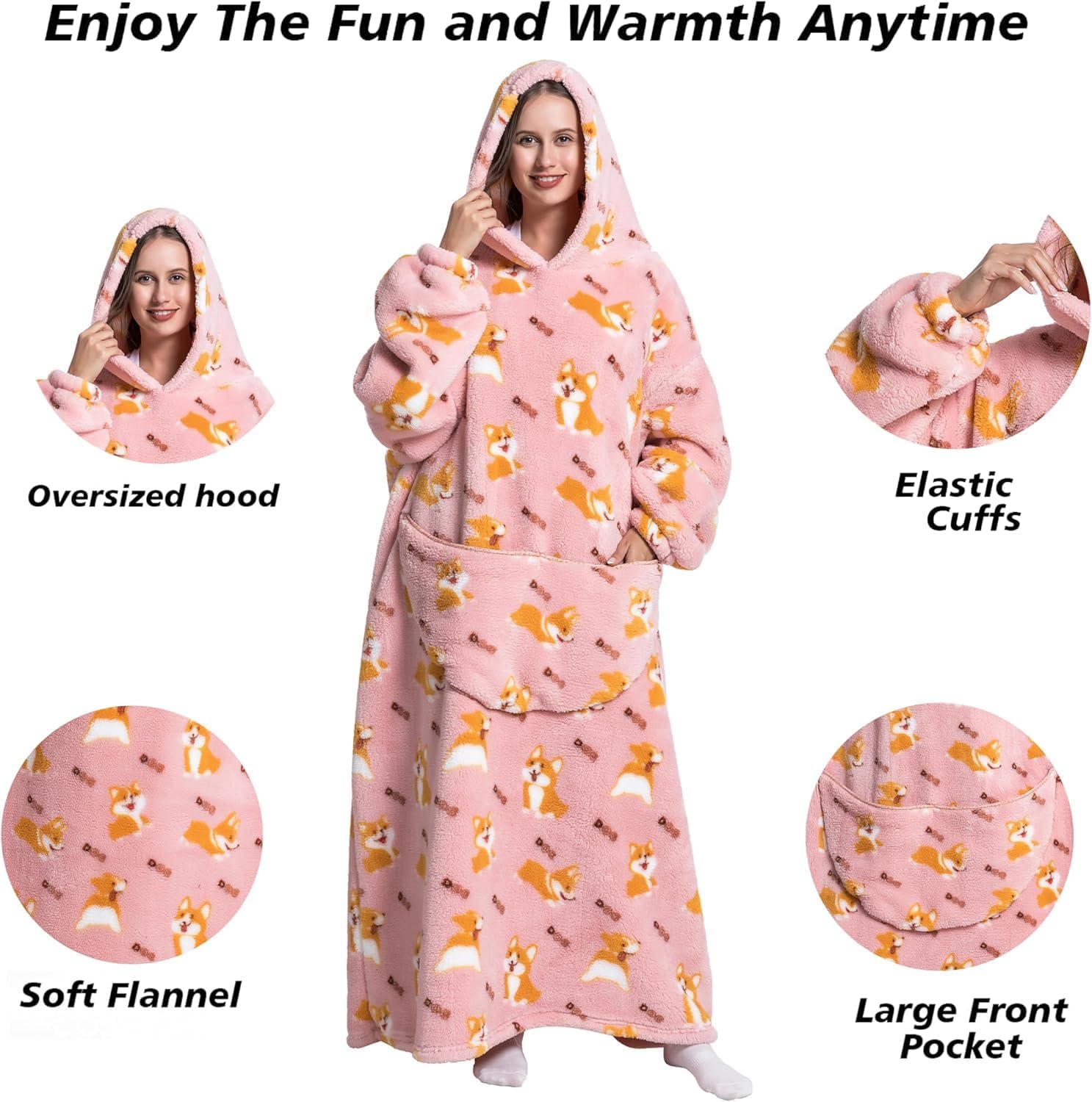 Cute Animals Long Sherpa Blanket Hoodie Oversized Sherpa Soft Warm Comfy Plush Halloween Costumes Loungewear One Size Corgi