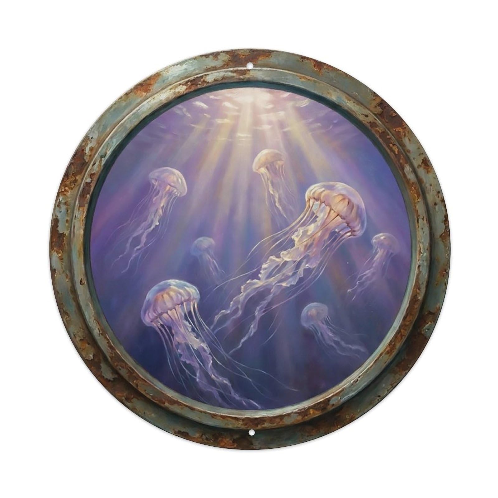 Vintage Porthole Jellyfish Drift Ship Window Undersea Deep Sea Metal Tin Sign