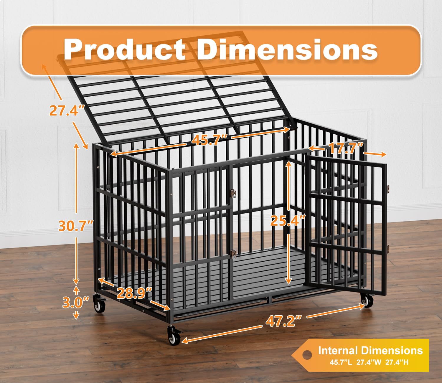 HMHTCT 48 Inch Heavy Duty Dog Crate with Wheels,Indestructible Escape-Proof Dog Kennel with Locking Latch and Double Door,Extra Large XL XXL Crate Indoor for Large and Medium Dog with Removable Tray - image 2