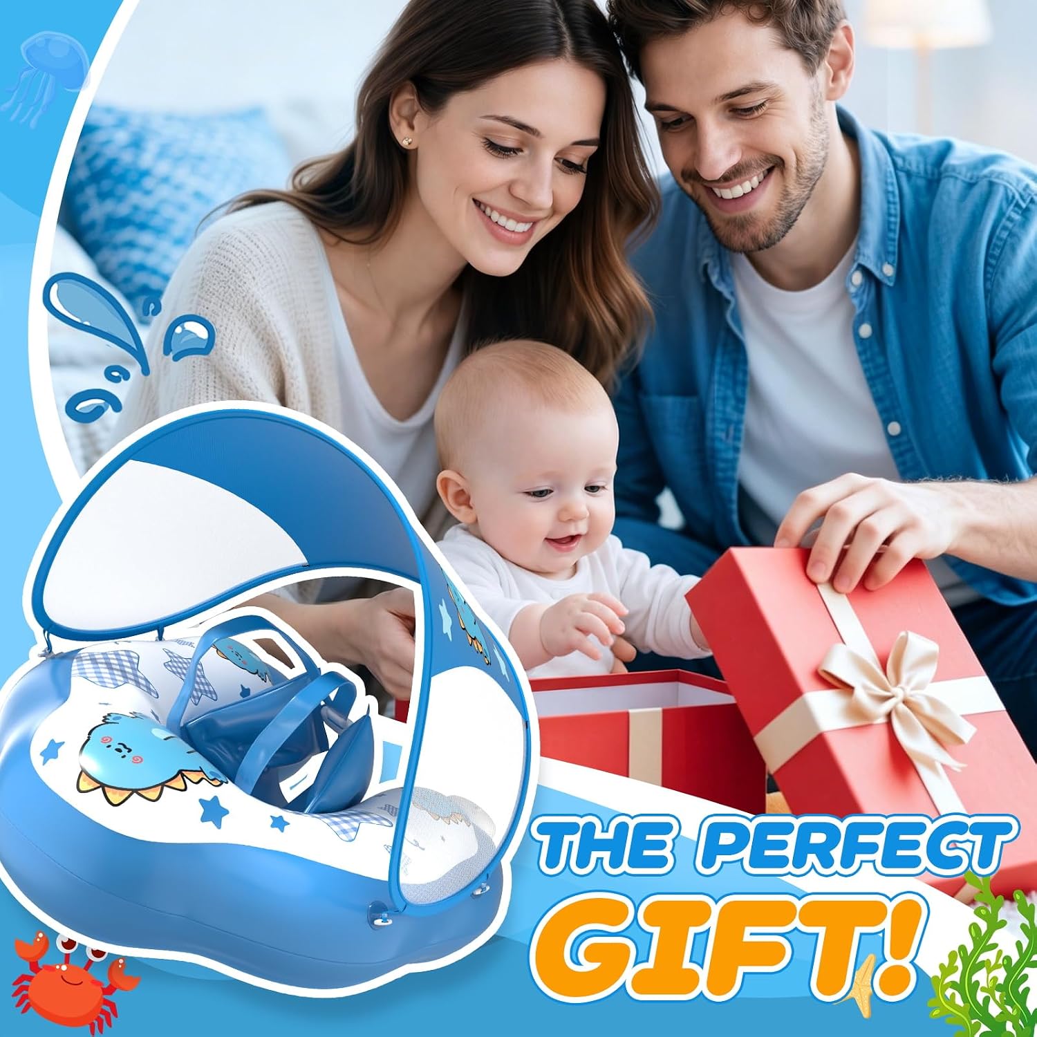 Baby Pool Float with Canopy UPF50+, Adjustable Baby Float, Suitable for Infants and Toddlers,Removable Sun Canopy, 5-Point Safety Harness, Lightweight Portable Pool Float for Home,6M-6Y