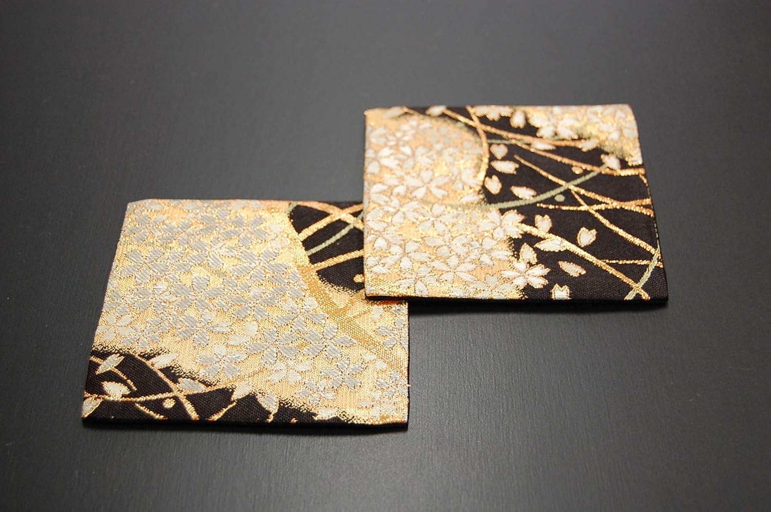 SHINSENDO Traditional Japanese Brocade Coasters, Set of 2, Made in Japan, Radiant Collection (Gold Cherry Blossoms) image 4
