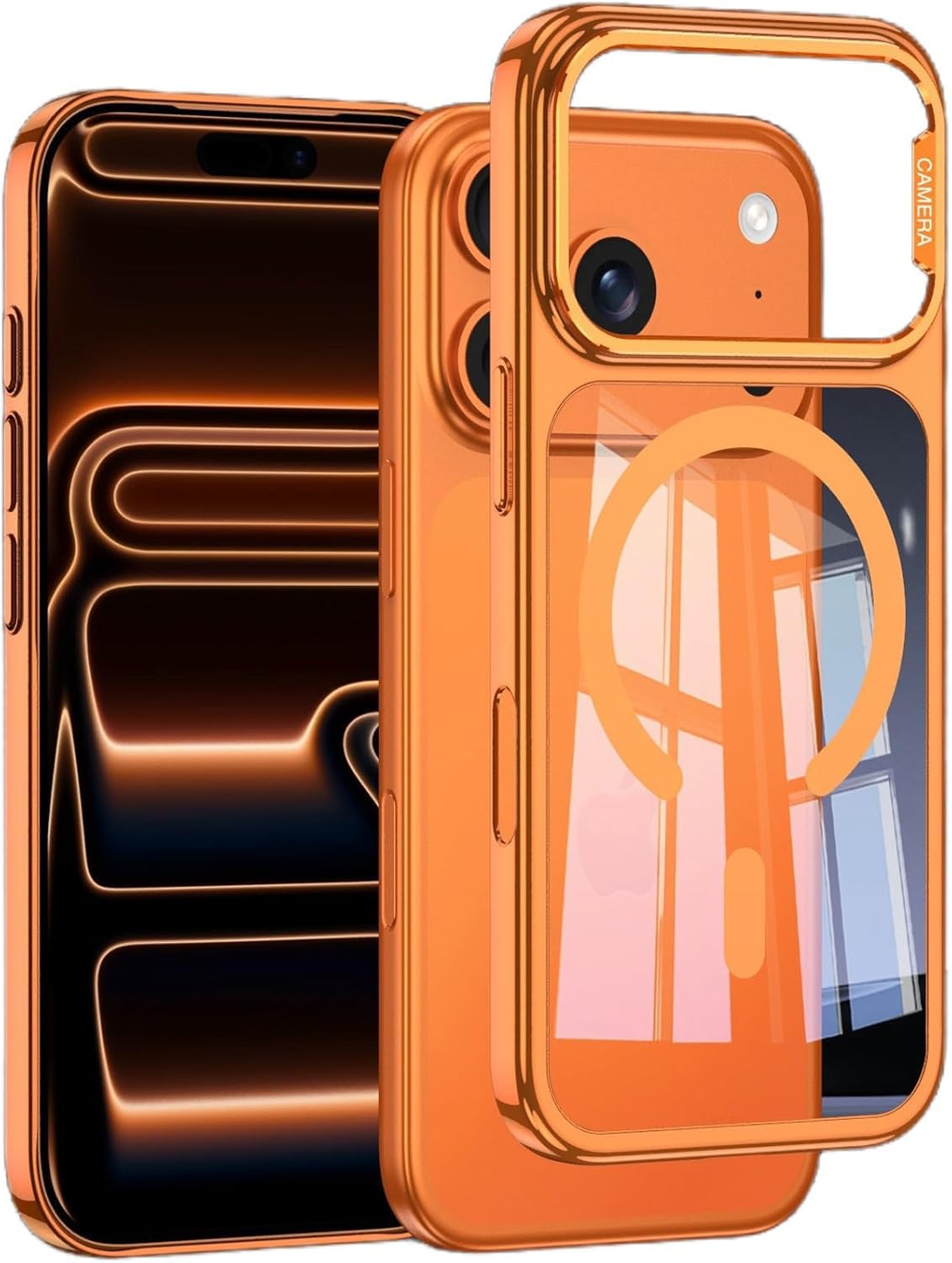 Magnetic Clear Case for iPhone 17 Pro/17 Pro Max, Slim Crystal Back with Plated Gloss Frame, N52 Ring Compatible with MagSafe, Metal Lens Guard, Lightweight Impact-Resistant Bumper(Orange,17 Pro)