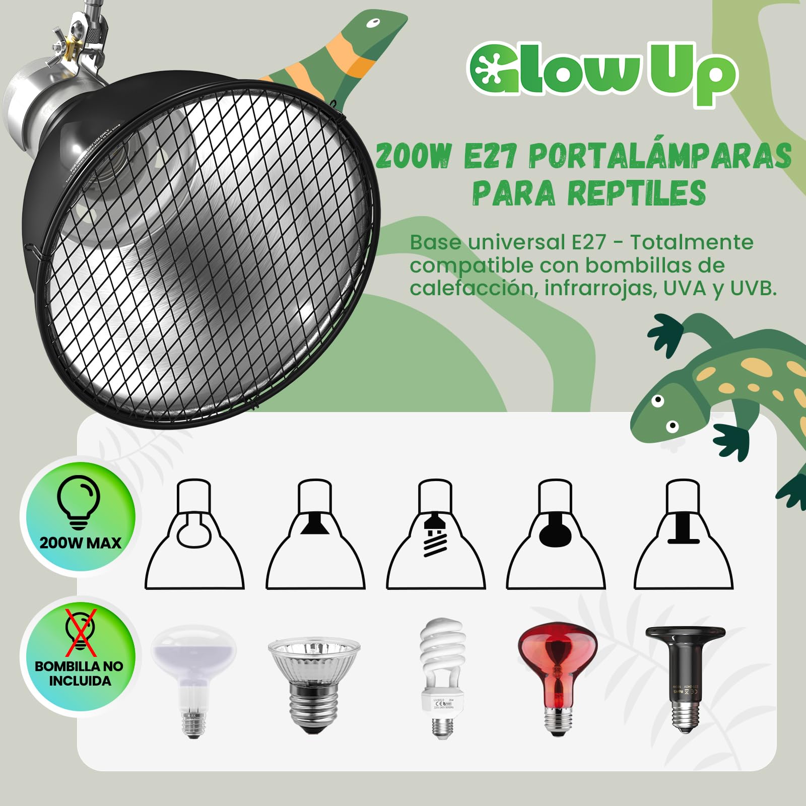 GlowUp Lámpara Tortugas Reptiles E27 con Regulador y Temporizador, 100W Soporte para Lámpara de Terrario para Bombillas de Calor UVA UVB,Infrarrojos(Sin bombilla