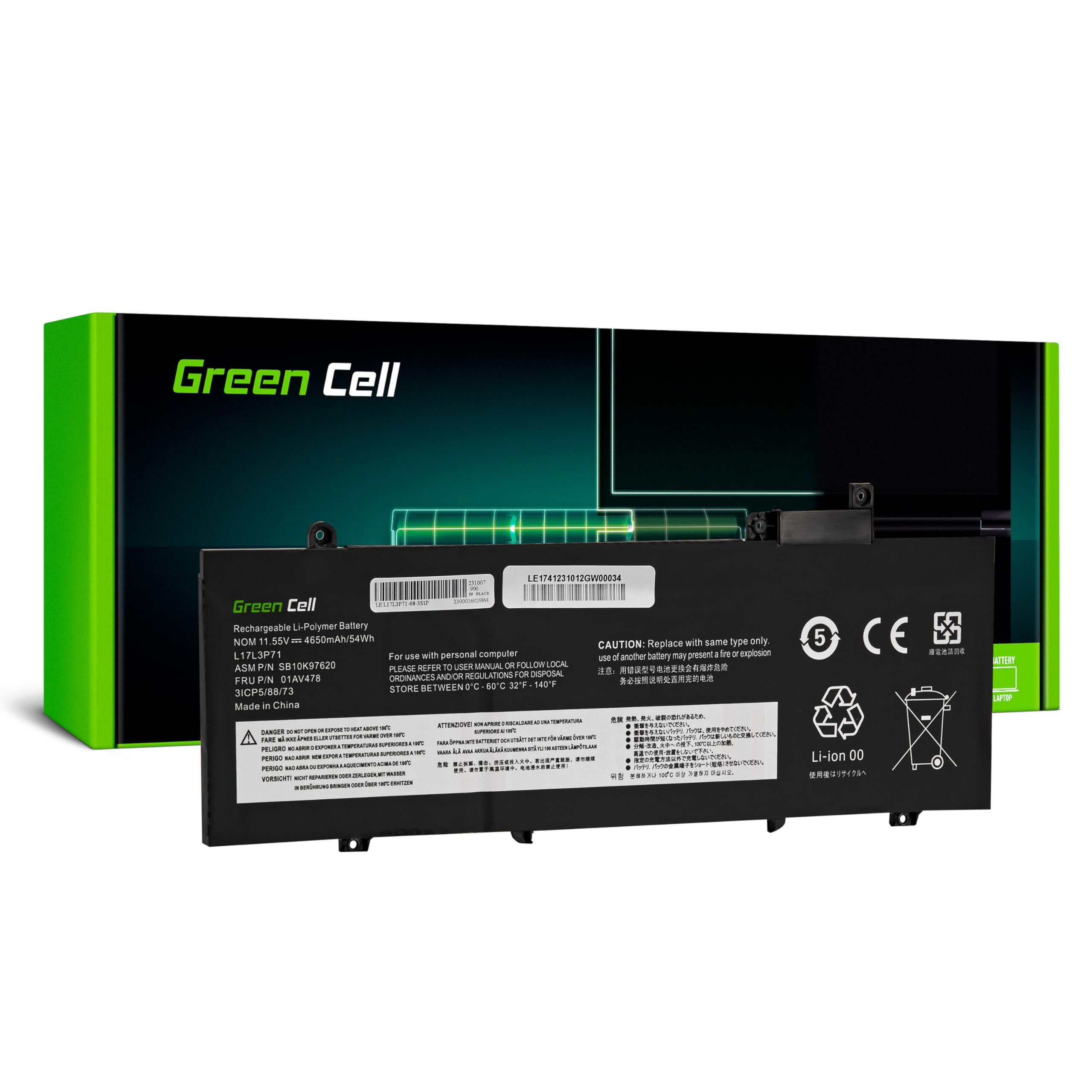 Green Cell L17L3P71 L17M3P71 L17M3P72 Batteria per Lenovo ThinkPad T480s (4650mAh 11.55V Nero)