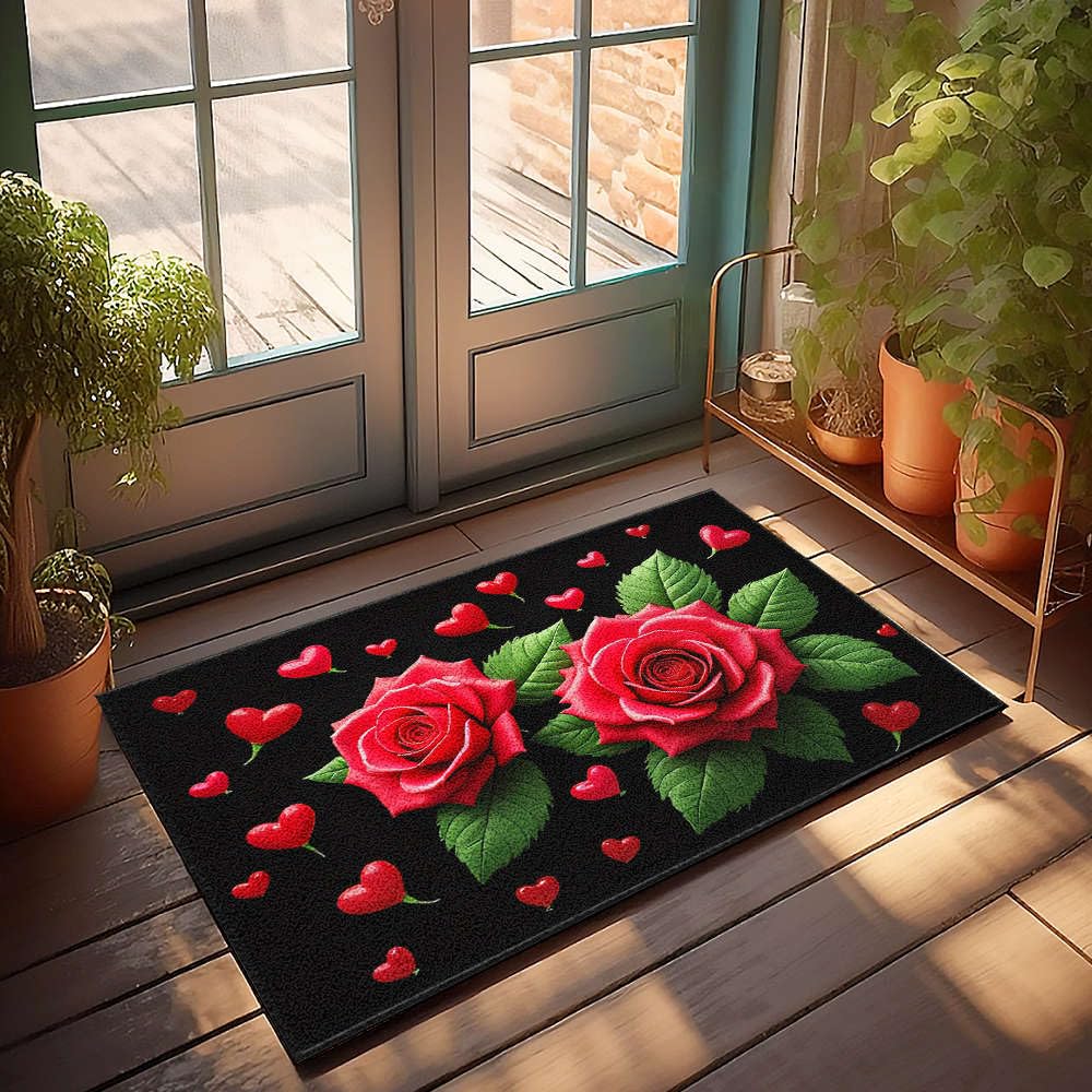 Petit paillasson d'extérieur roses rouges et cœurs pour une entrée pleine d'amour 50x80cm