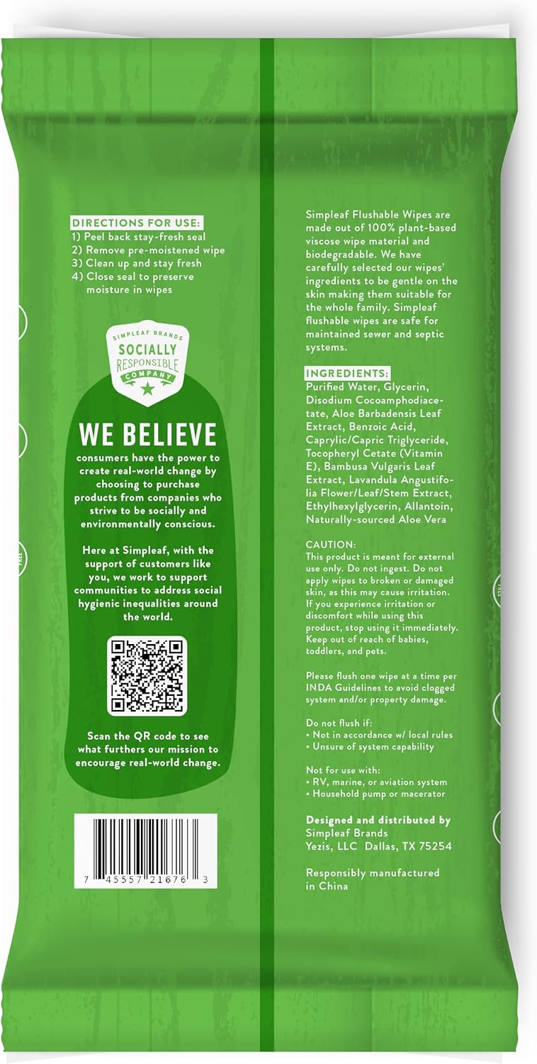 Simpleaf Flushable Wet Wipes Aloe Vera | Plastic Free, Paraben & Alcohol Free | Hypoallergenic & Safe for Sensitive Skin | Soothing Aloe Formula | Adult Toilet Wipes (6 x 50 Count Pack) 300 Count image 3