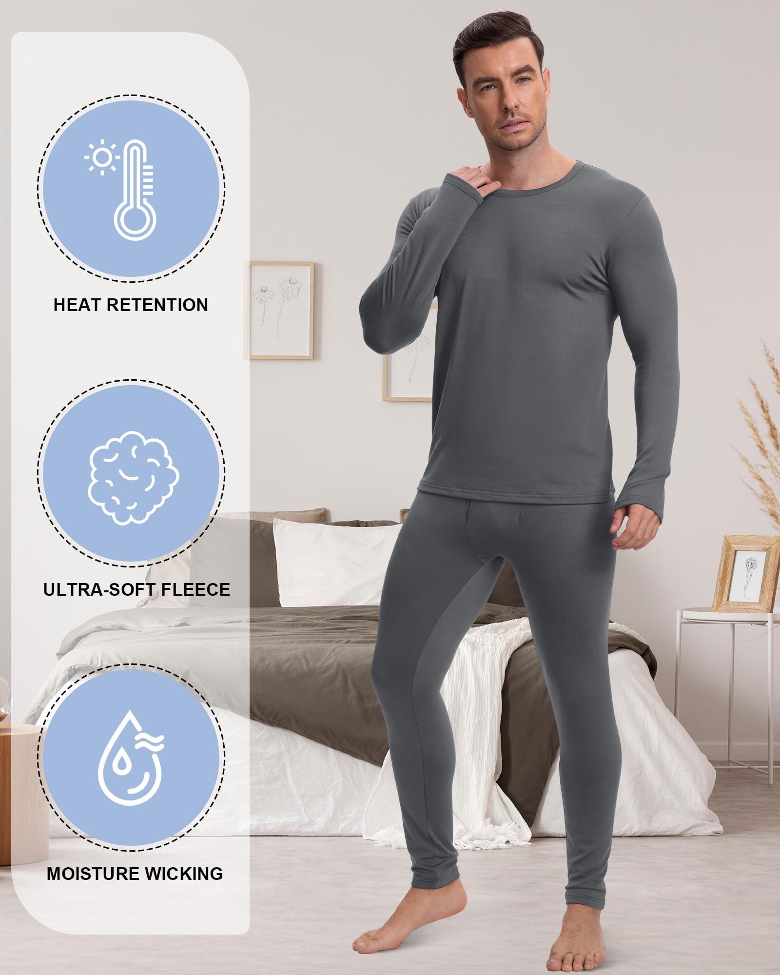 Patelai 3 Sets Men's Thermal Underwear Long Underwear Base Layer with Fleece Lined for Winter Cold Weather