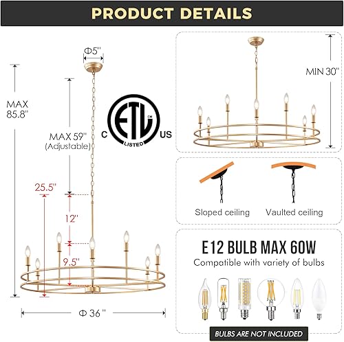 Miniatura 6 de Candelabro dorado de 9 luces para comedor sobre mesa, dormitorio principal, iluminación redonda para sala de estar, vestíbulo, baño, metal sólido,