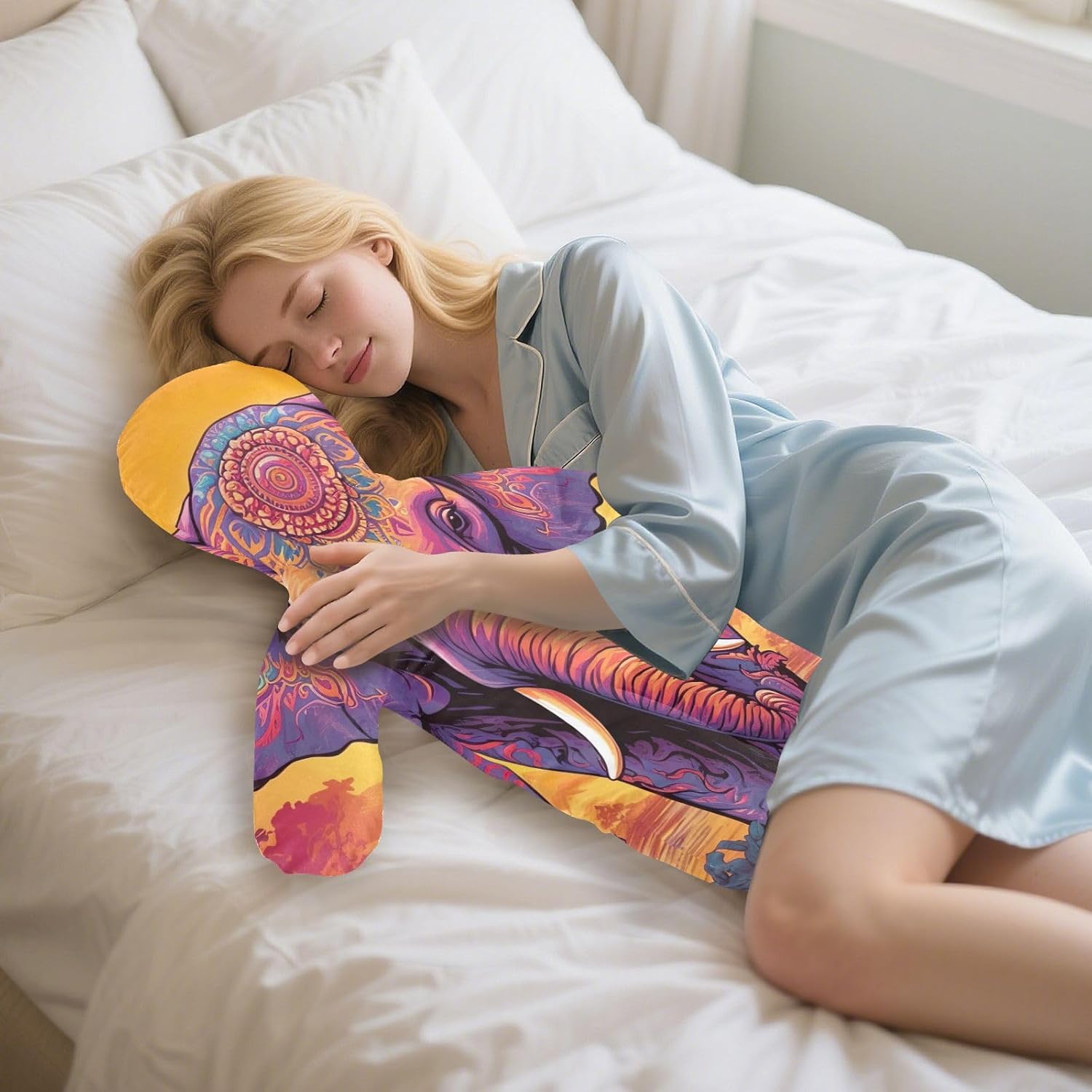 Ethnic Elephant Human-Shaped Pillow Soft Body Pillows Washable Velvet Pillows for Anxiety Relief Sleeping Cuddling & Support