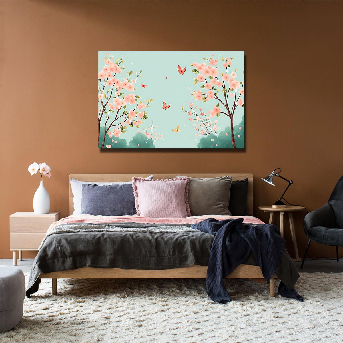 CHERHERART Art mural en toile de cerisier en fleur de printemps Papillons fleuraux pastel Affiche en toile pour chambre de bébé Estampes de style japonais Décoration 80x100cm sans cadre