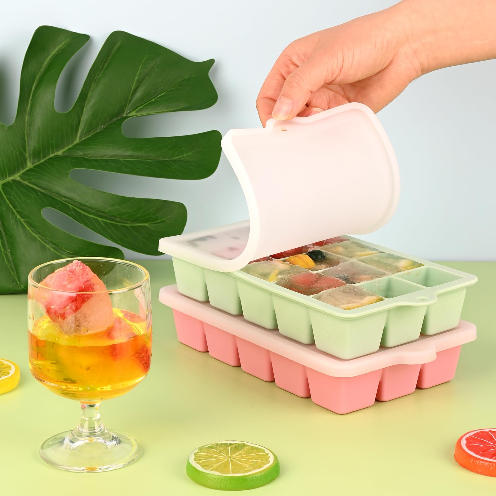 HUAKENER 2 Pack Silicone Ice Cube Tray, Medium Size Ice Cube Trays for Freezer, Stackable Ice Cube Molds with Lid for Whiskey, Coffee, Baby Food, Soups and Frozen Treats