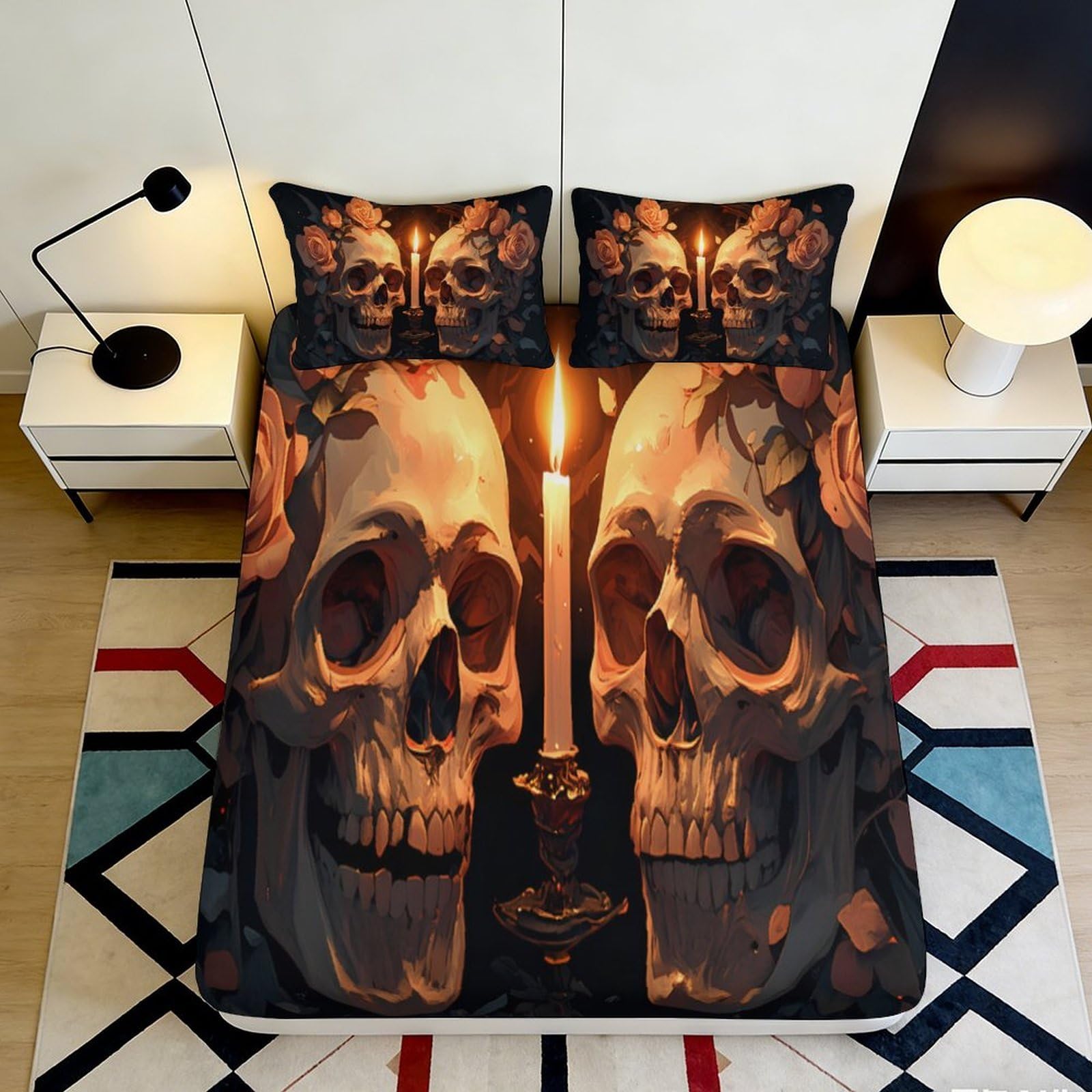 Jqzkxnhpbr Style-8 3D Printed Skull Candle Fitted Sheet Microfiber Soft Gothic Flame Bed Cover For Bedroom Dorm Mattress Decor 90X200x25cm