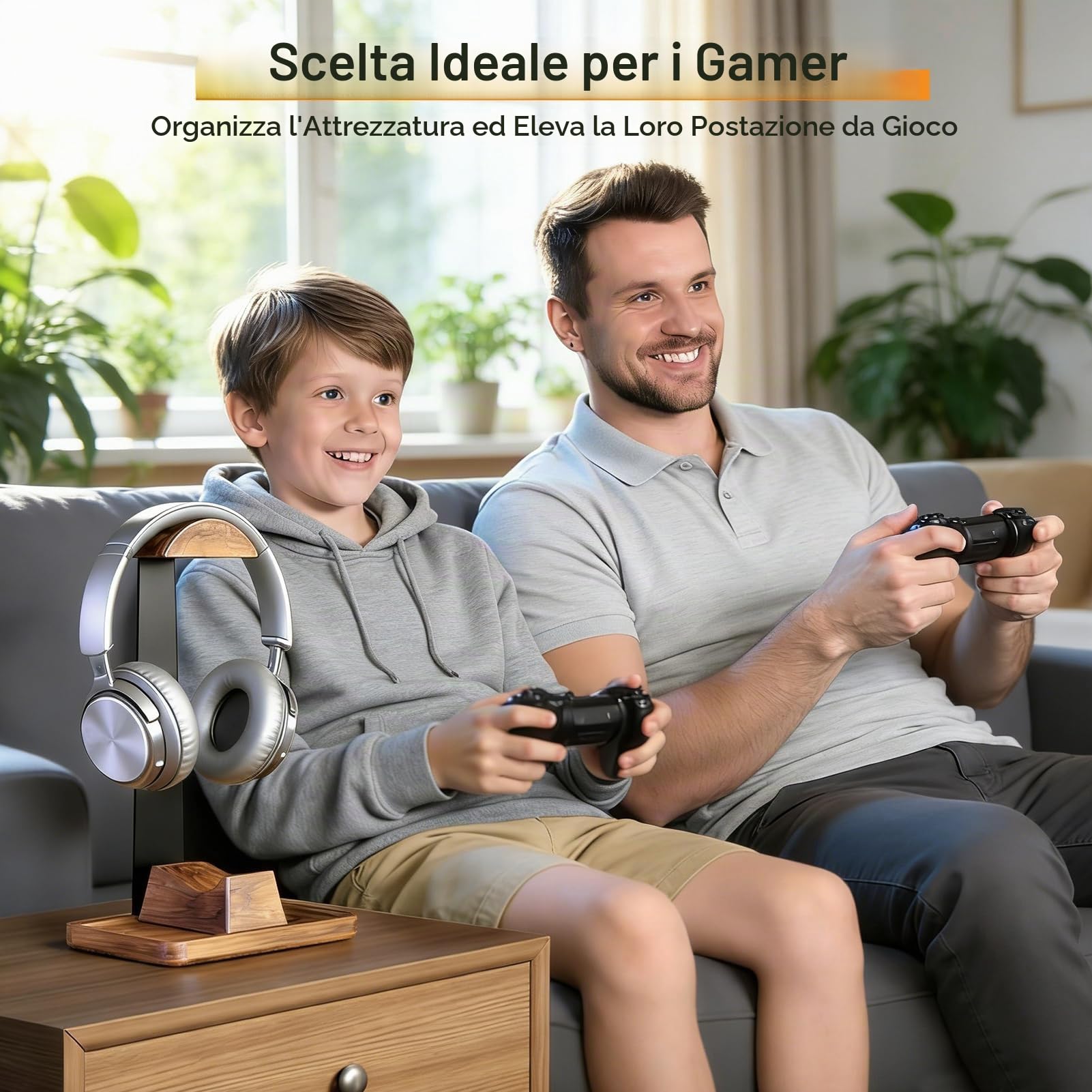 Supporto per cuffie e controller in legno di noce, supporto per cuffie in legno, organizer da scrivania, accessori da scrivania universali compatibili con PS5, PS4, Xbox One, Nintendo Switch