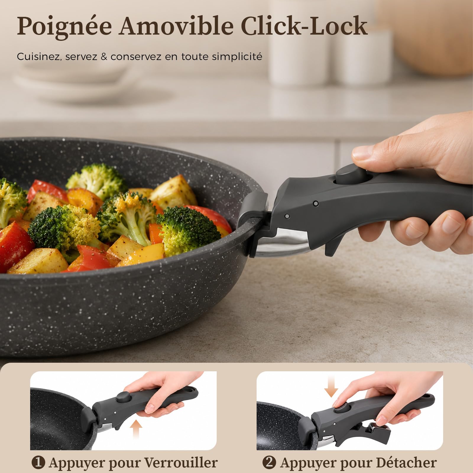 YASHE Batterie de cuisine 15 pièces, non toxique, sans PTFE ni PFAS | Ustensiles de Cuisine avec Poignée Amovible, Poêles et Casseroles Antiadhésives en Granite, Design Empilable Gain de Place