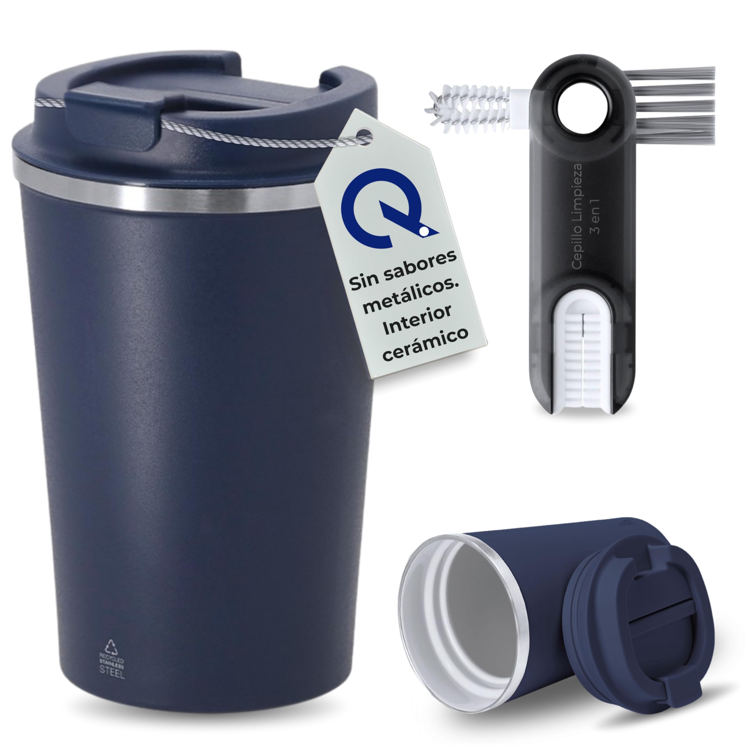 Quodelo Taza Termica Cafe para Llevar 350ml con Interior Cerámico - Vaso Termico Cafe Hermético de Acero Inoxidable, Taza Oficina Antivuelco y Termo Cafe Pequeño con Cepillo - Azul Marino
