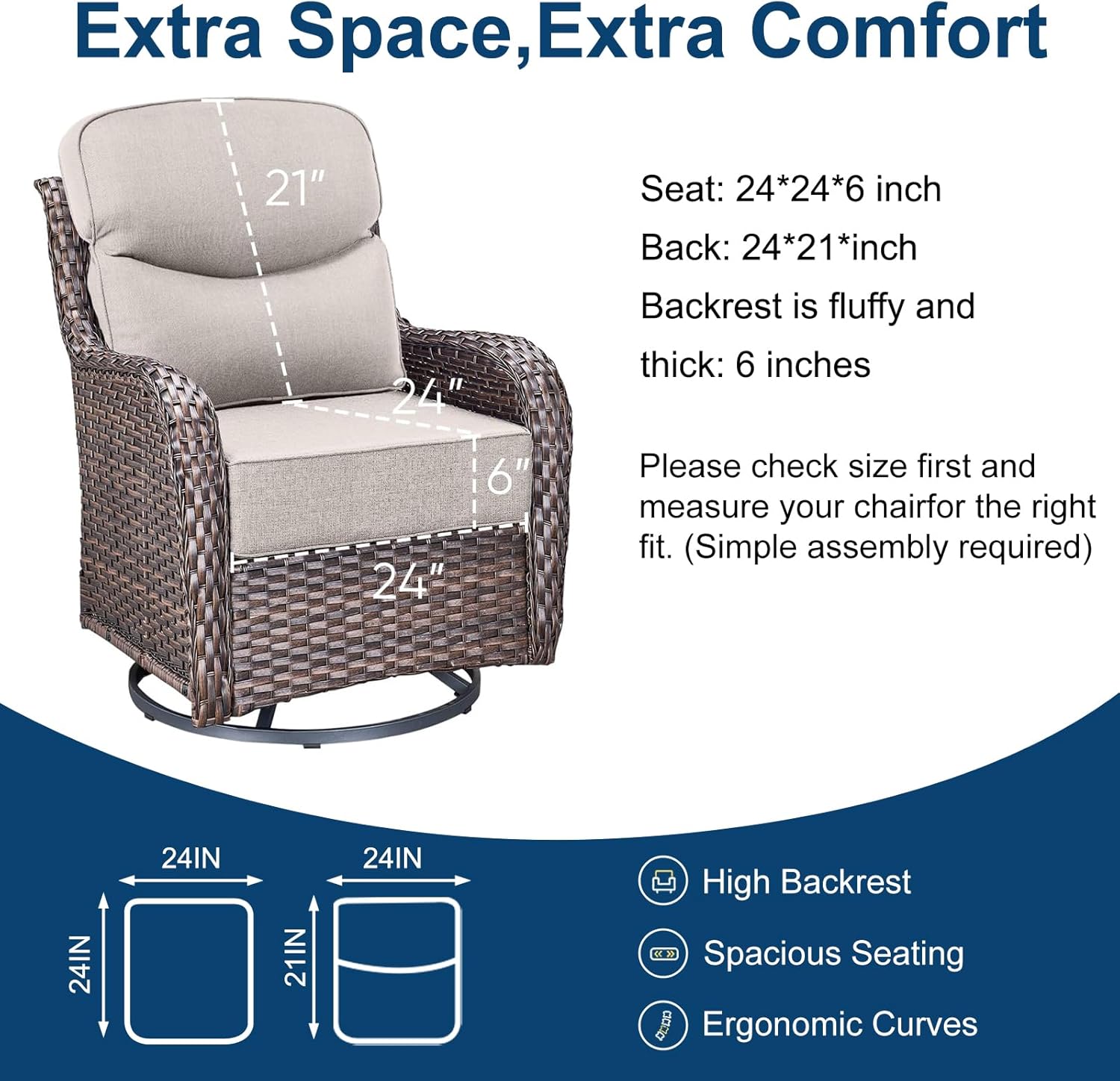 24x24x6 Inch Outdoor Deep Seat Cushion Set, 6” Thick High-Density Patio Replacement Cushion, Water-Repellent Fade Resistant with Removable Cover for Wicker Rattan Chair Sofa (1, Khaki)