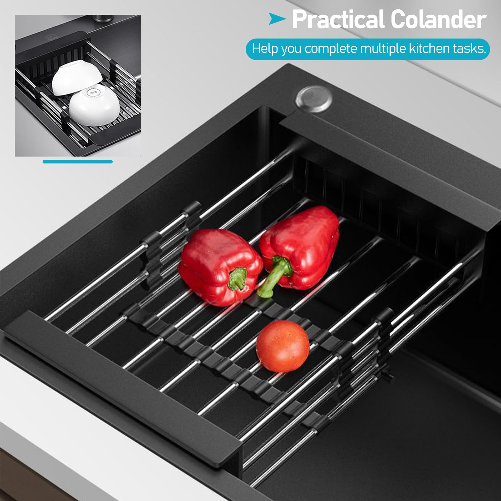Lavello Cucina in Acciaio Inox 80 cm, Lavello da Incasso a 3 Fori con 1 Vasca, Set Completo con Rubinetto Estraibile, Lavabicchieri e Kit di Scarico (Grigio Scuro, 80 x 50 cm)