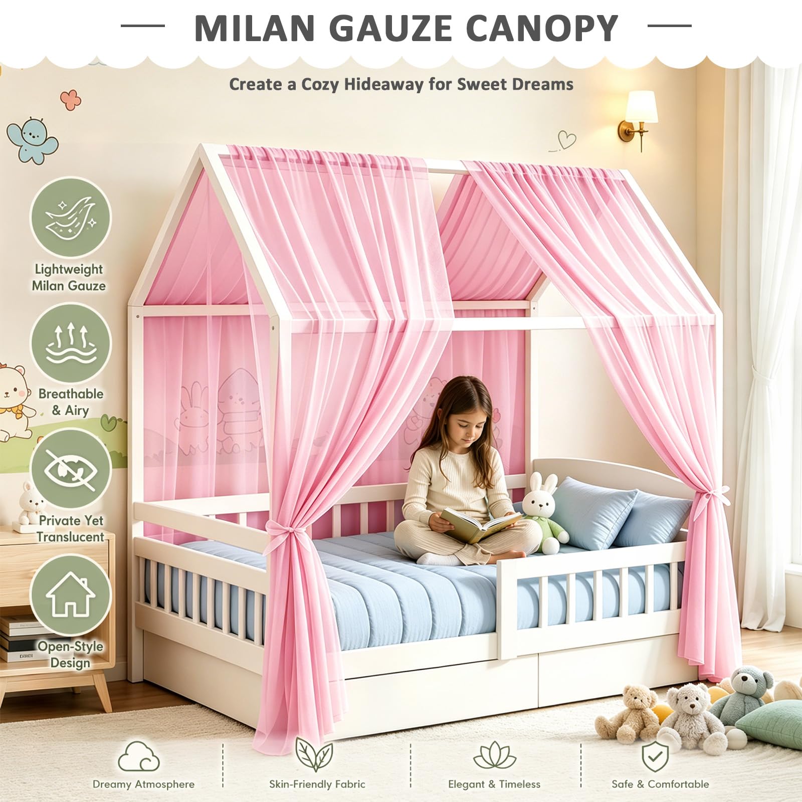 Letto a Baldacchino, in Mussola con 2 Baldacchini, Tenda da Letto per la Casa, Tenda da Letto di Alta Qualità per la Camera dei Bambini – in Tessuto Milano (Mussola di Viscosa)