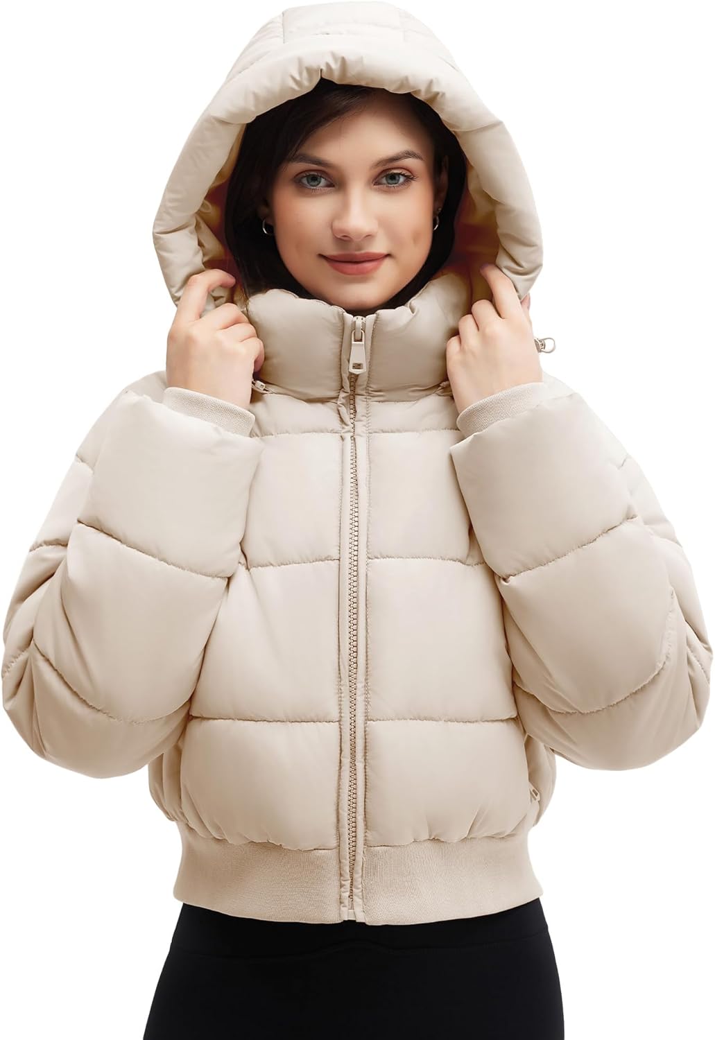 WHN Women's Cropped Puffer Jacket Warm Quilted Short Coat with Detachable Hood Zippered Pockets - Image 2