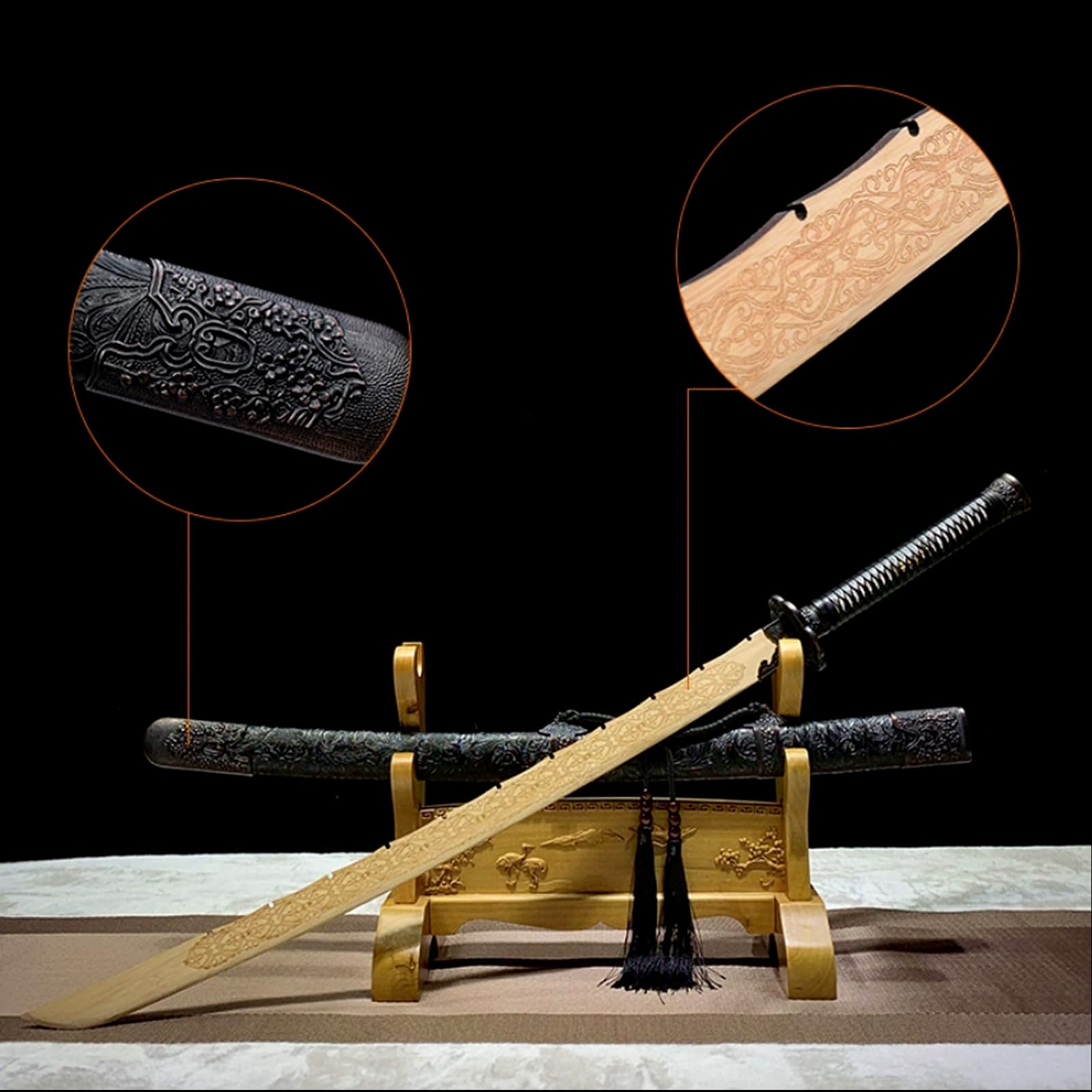 Bokken 110cm,Espada samurái de bambú natural con tallado,Hecha a mano Espada samurái madera,Vaina madera forrada en cuero sintético,Katana de madera para entrenamiento,exhibición,cosplay fiestas
