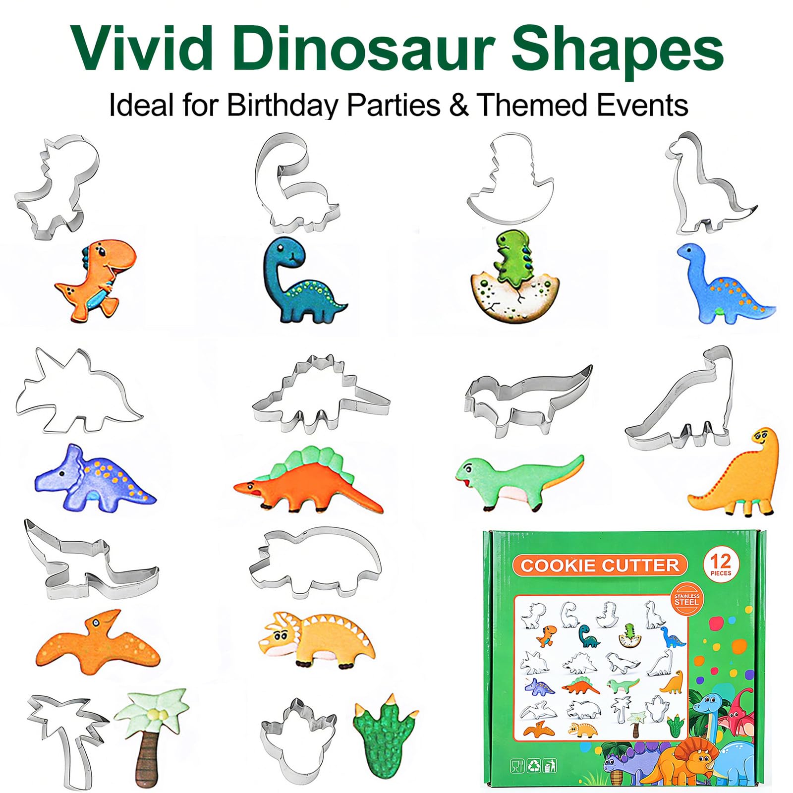 Consnew 12 Pezzi Formine per Biscotti di Dinosauro, Stampi da Forno in Acciaio Inox, Bambini Stampi Biscotti per Impasto, Fondente, Torte, Frutta e Verdura, Accessori per Feste a Tema Dinosauro - 4