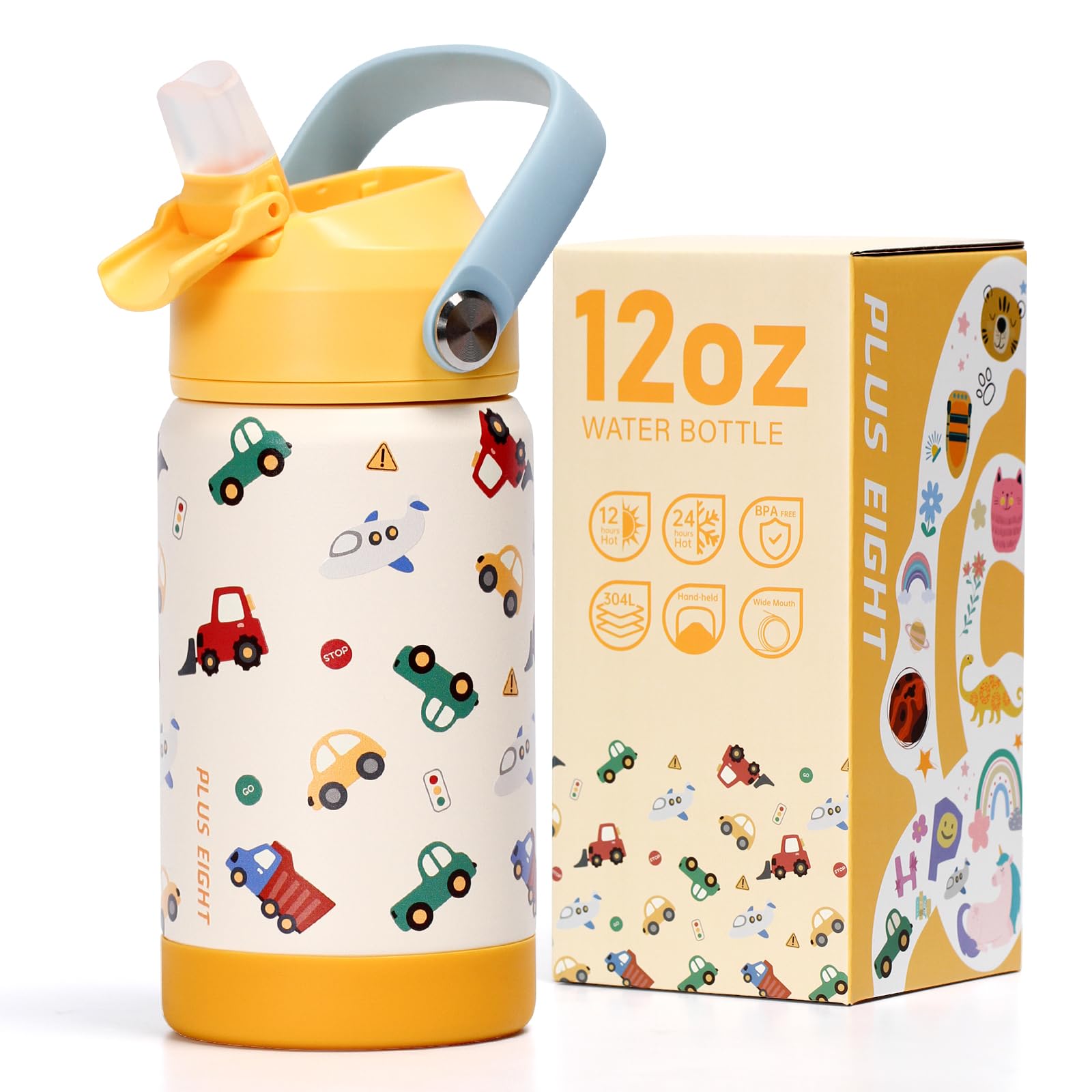 pluseight Kids Insulated Water Bottle with Straw Lid, 12 oz BPA-Free Double Wall Vacuum Tumbler 18/8 Stainless Steel Leak Proof Kids Cups with Straw for School Travel Boys Girls (Yellow-Cars)