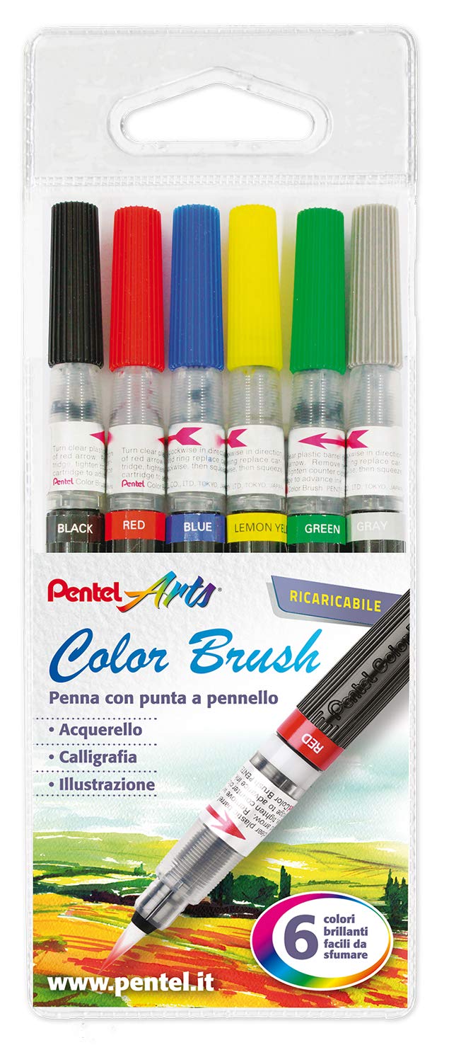 Pentel GFL Colour Brush – Set 6 Pennelli A Inchiostro Base Acqua, Colori Assortiti, Punta In Nylon, Ricaricabili