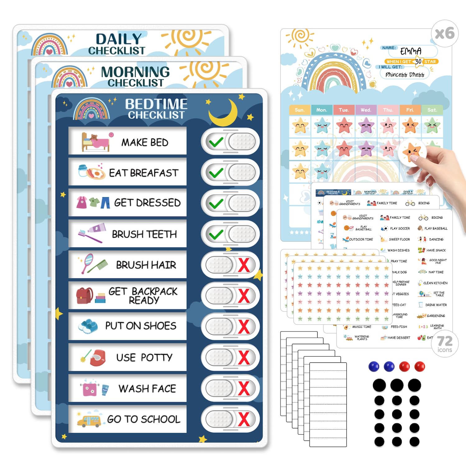 Upgraded Slider 4 in 1 Reward Chart for Kids, Reusable Bedtime/Morning/Daily Routine Chart for Kids, Magnetic Chore Chart for Kids Toddlers, Sticker Chart for Kids Behavior Chart for Kids at Home