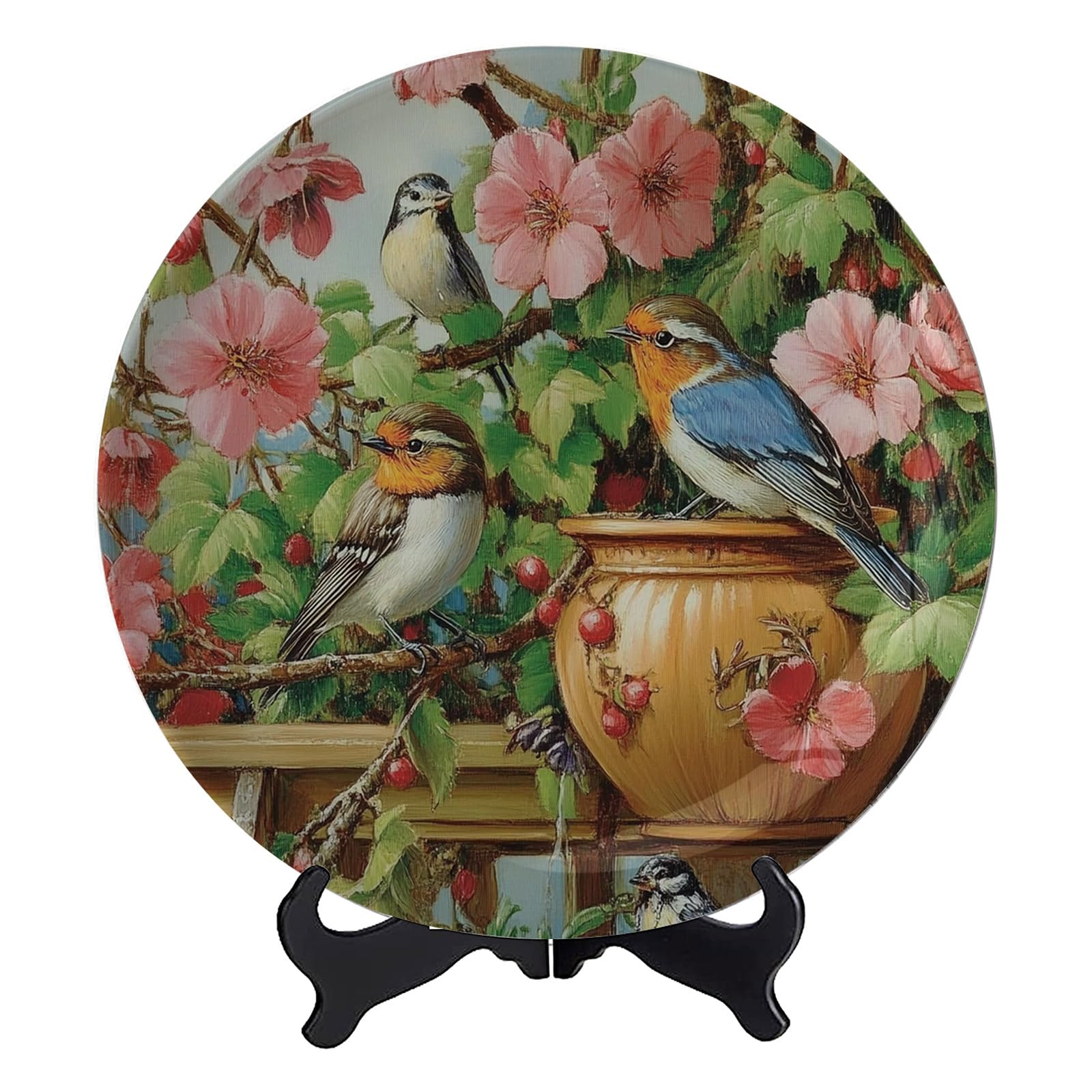 Oksinity Flowers and Birds Decorative Plate Ornament Display Plate Ceramic Plate Wall Hanging for Living Room, Bedroom, Hallway Console Side Table Decor - 7 Inches
