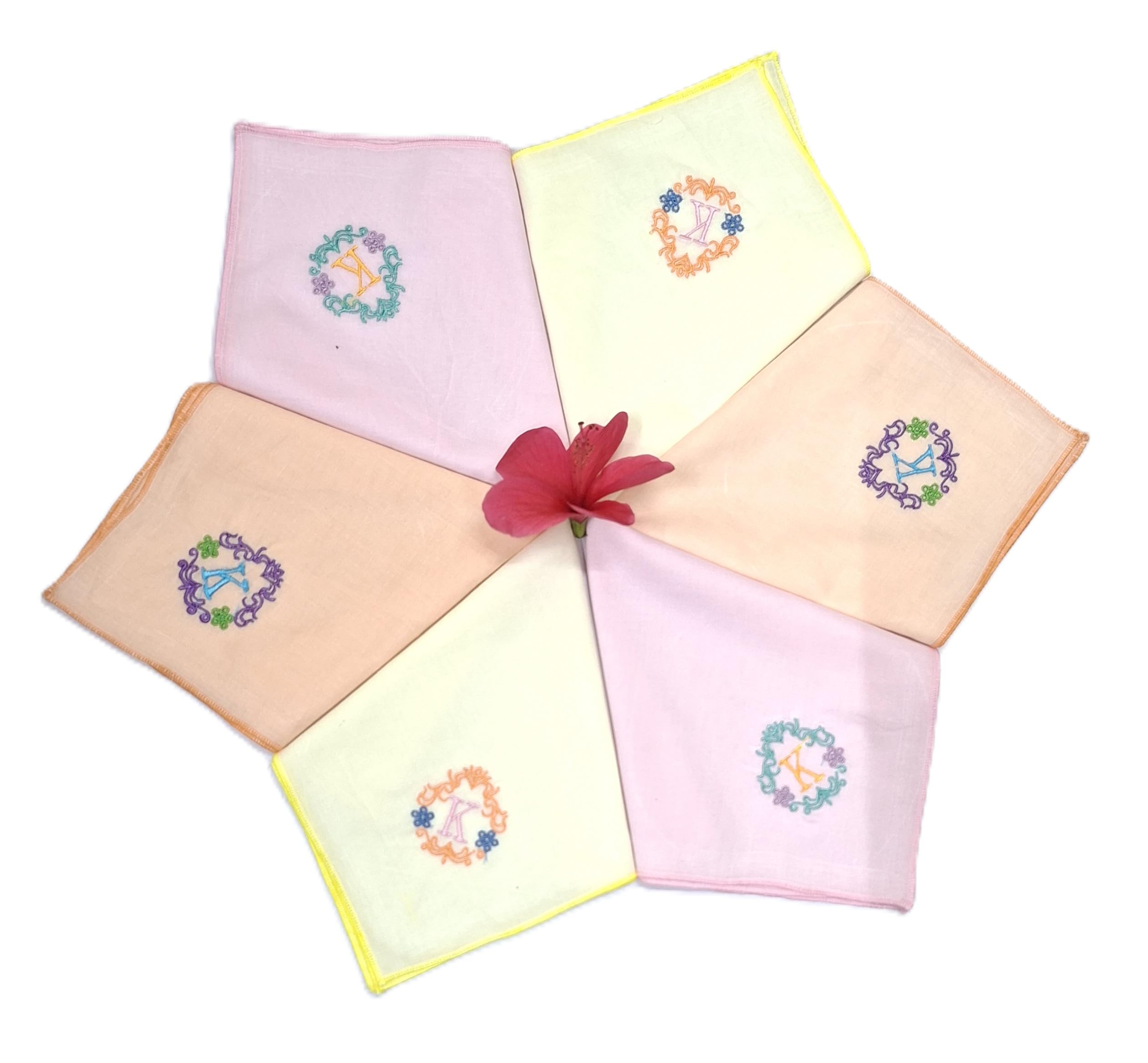 concerto 100% Cotton (Compact Yarn) Multicolor Embroidery Pastel Color Handkerchief For Women (Size: - 33 cms * 33 cms) (Pack of 6)- Rohira - K - Gift Pack.-picture-3