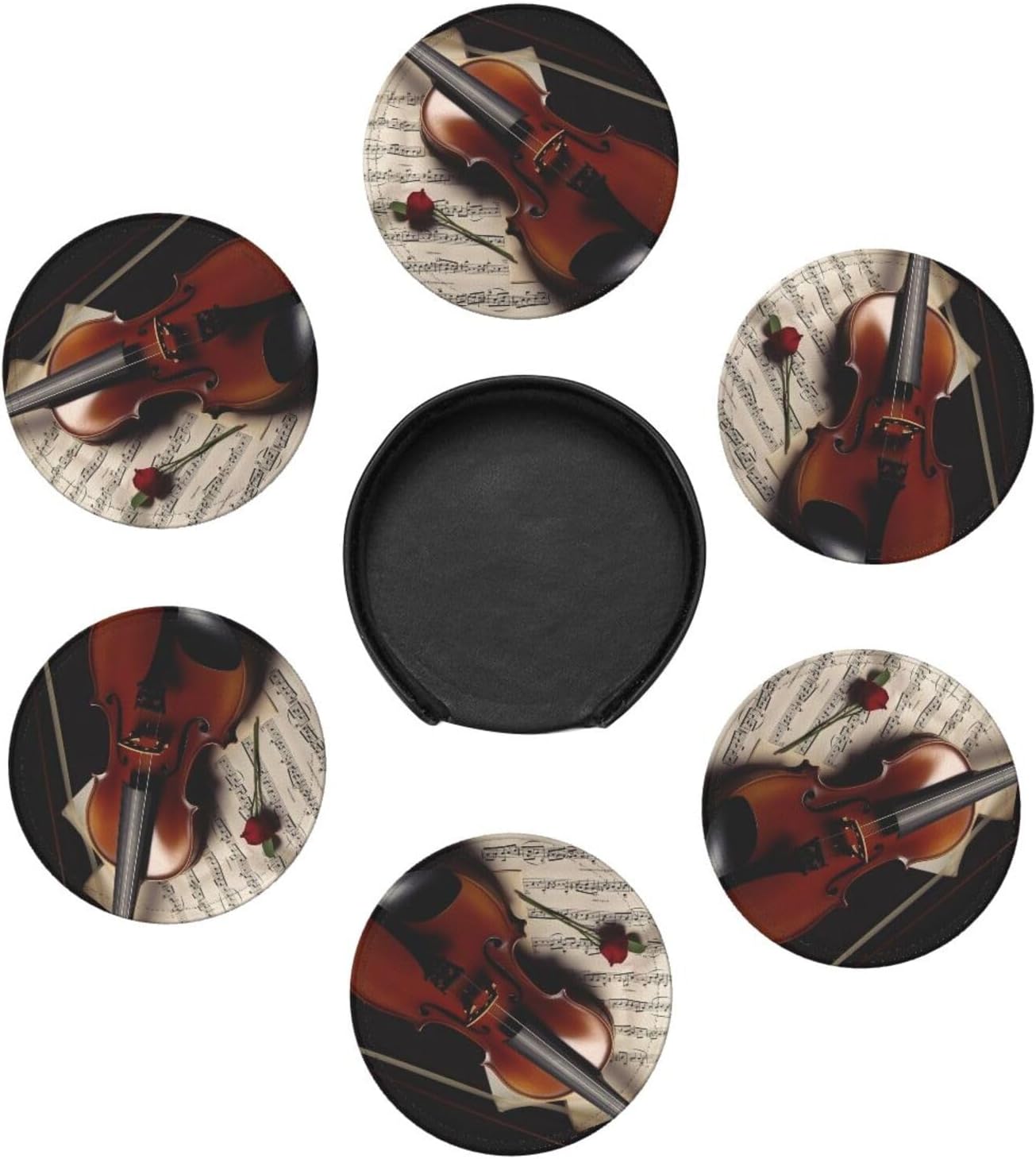 Violin Sheet Music Coasters Set of 6 for Drinks Absorbent Leather Coaster with Holder Round Cup Mat for Table Protection Coffee Table Mats for Home Decor House Warming Gifts image 5