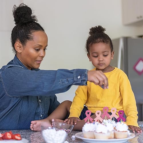Miniatura 5 de 24 piezas de cinta rosa con purpurina para concientización sobre el cáncer de mama, para lucha contra la esperanza y creencia, para cupcakes de mama