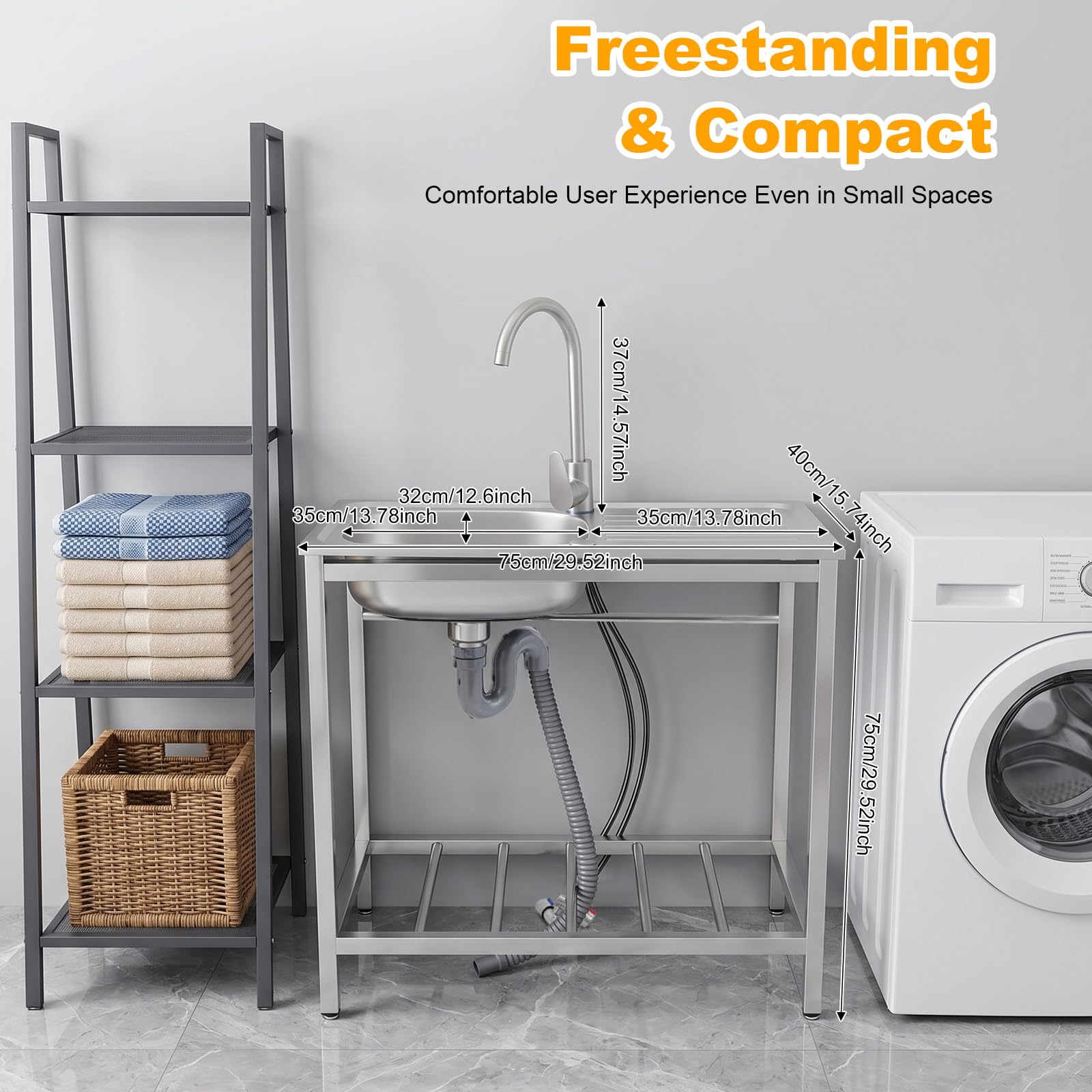 Fregadero independiente de acero inoxidable con grifo, fregadero de cocina para exteriores con encimera, 75 x 40 x 75 cm, lavabo profundo, patas ajustables en altura, para jardín, terraza, camping