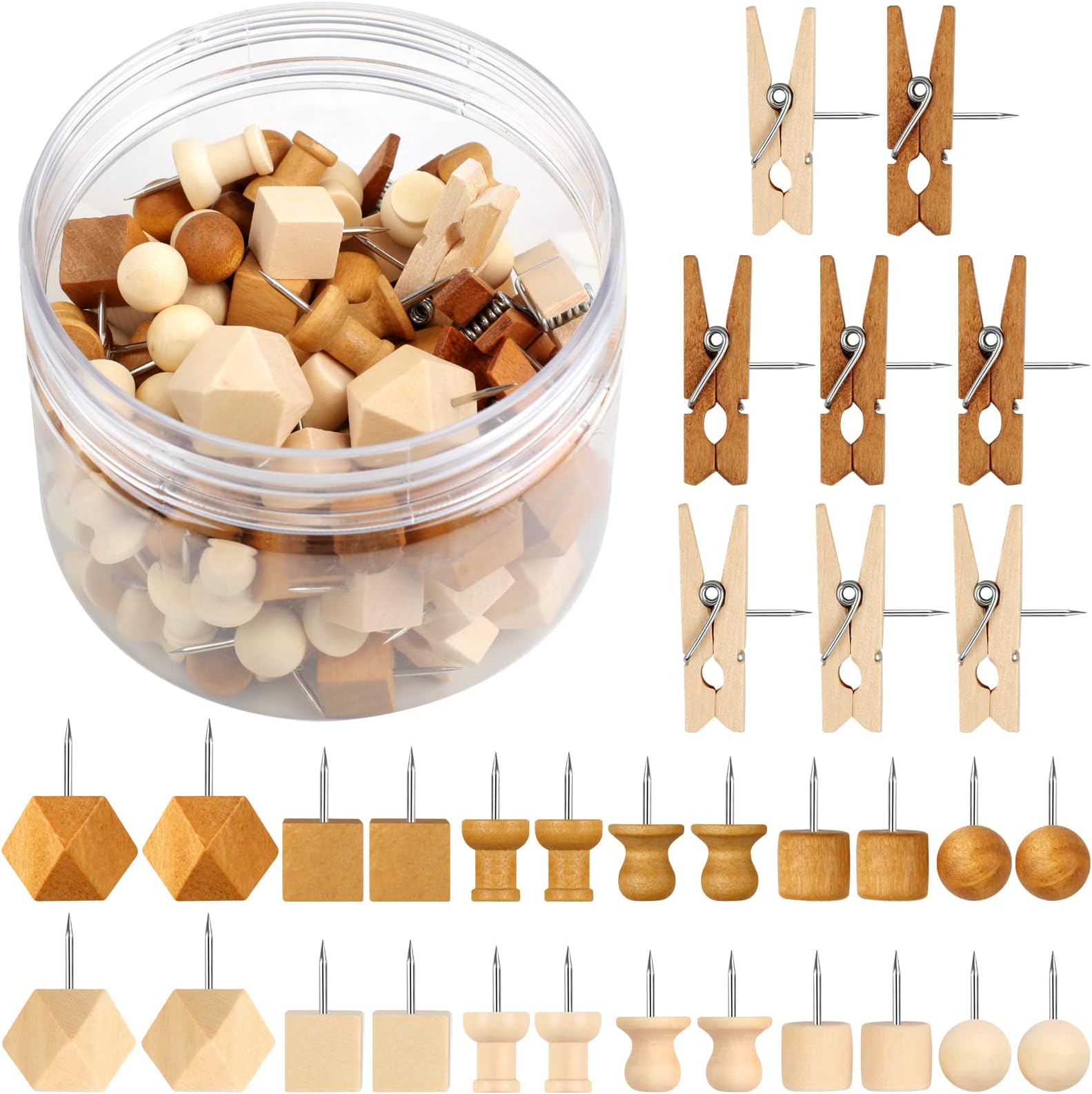 60 PCS Wooden Push Pins, Walnut, Wood Thumb Tacks