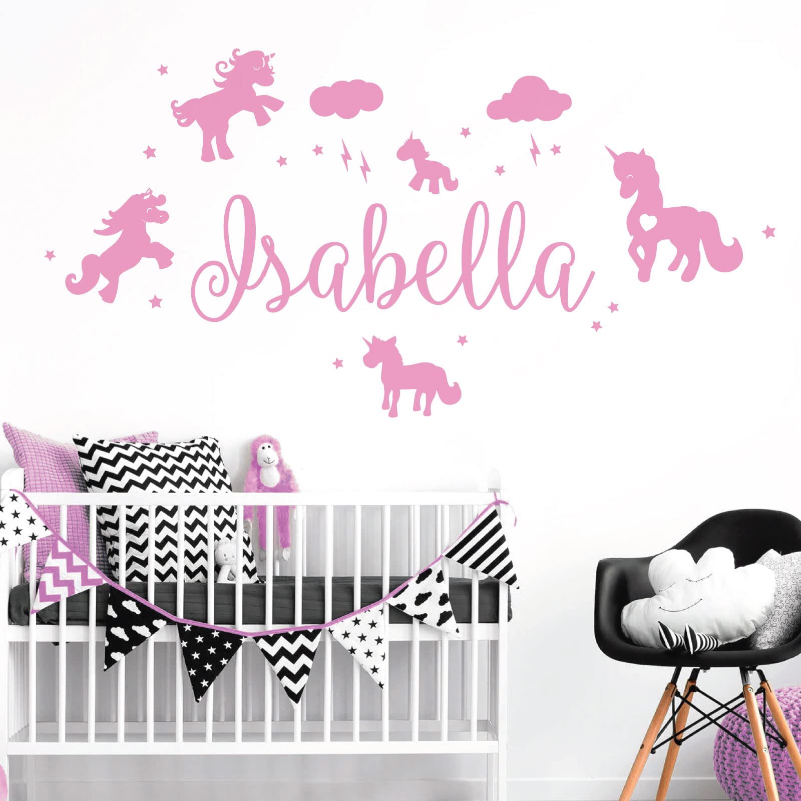 Unicorns, Stars & Clouds - Personalised Name Girls Wall Art Sticker [Large] [Pink]