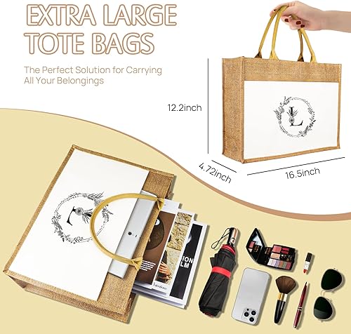 Miniatura 5 de JUSTOTRY Bolsa de mano con inicial, yute natural, grande, 13 onzas, personalizada, bolsa de lona con monograma, regalo para mujer