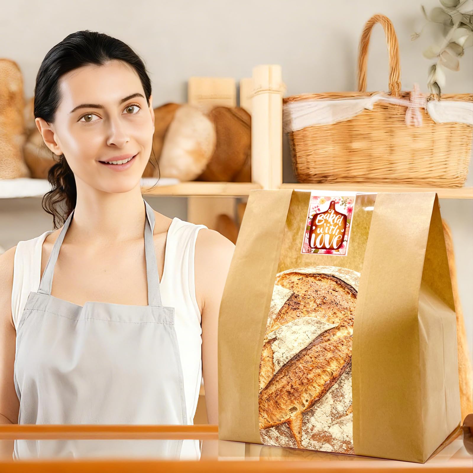 HiCivan Extra Große Papier-Brotbeutel Für Hausgemachtes Brot Mit Fenster Und Aufkleber Übergroßes Sauerteigbrot, Brot, Backwaren, Verpackung Zum Verschenken, Braunes Kraftpapier, 50