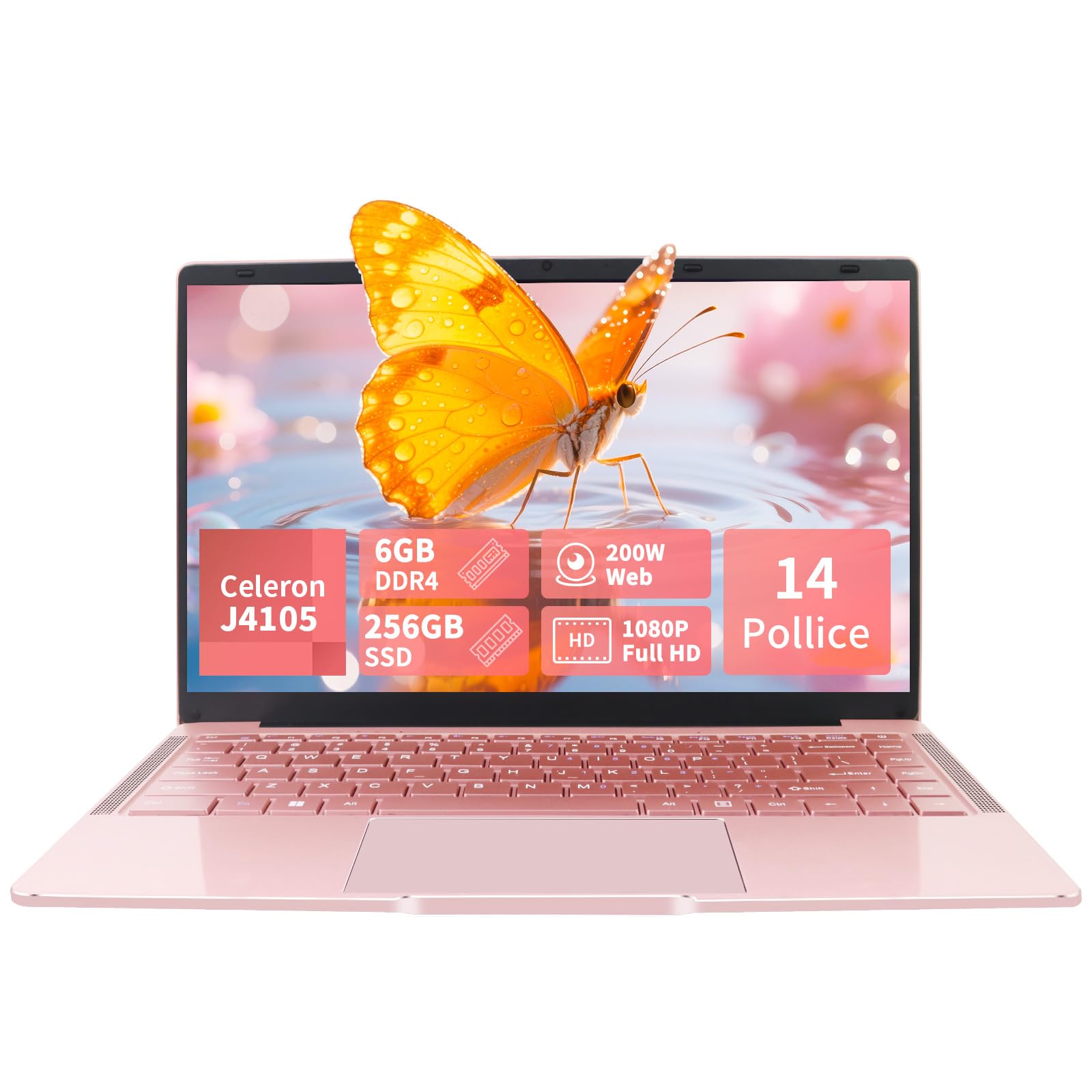 PC Portatile 14 Pollici, Notebook Full HD 1920x1080, Celeron J4105, Win11 pro, Computer Portatile Leggero e Sottile, Tastiera Italiana, Mini HDMI, Mouse Wireless (Oro rosa, 6GB+256GB SSD)