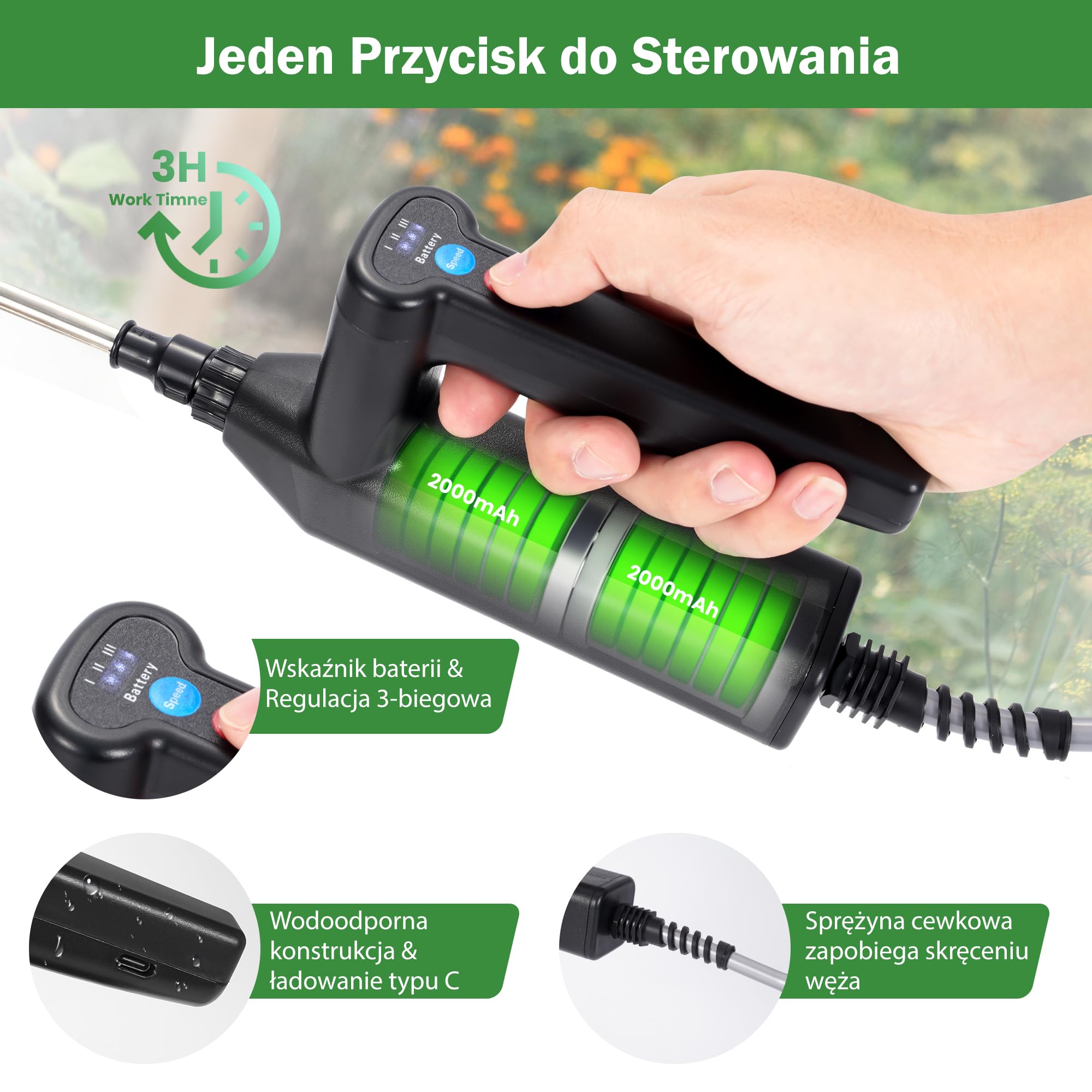 Elektryczny opryskiwacz ciśnieniowy, 8 l, z 4 regulowanymi dyszami, wskaźnik poziomu baterii, 3 regulowane prędkości, ładowany przez USB do nawadniania