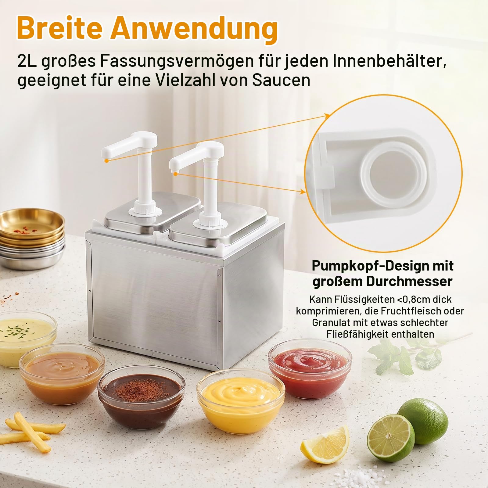 4L Ketchup Spender, Saucenspender Pumpstation, Soßenspender 304 Edelstahl Lebensmittelecht, Tropffrei 30ml pro Pumpstoß, Spülmaschinenfest, Ideal für Ketchup, Mayo, Senf, Gastro Saucen-Spender, 2x 2L