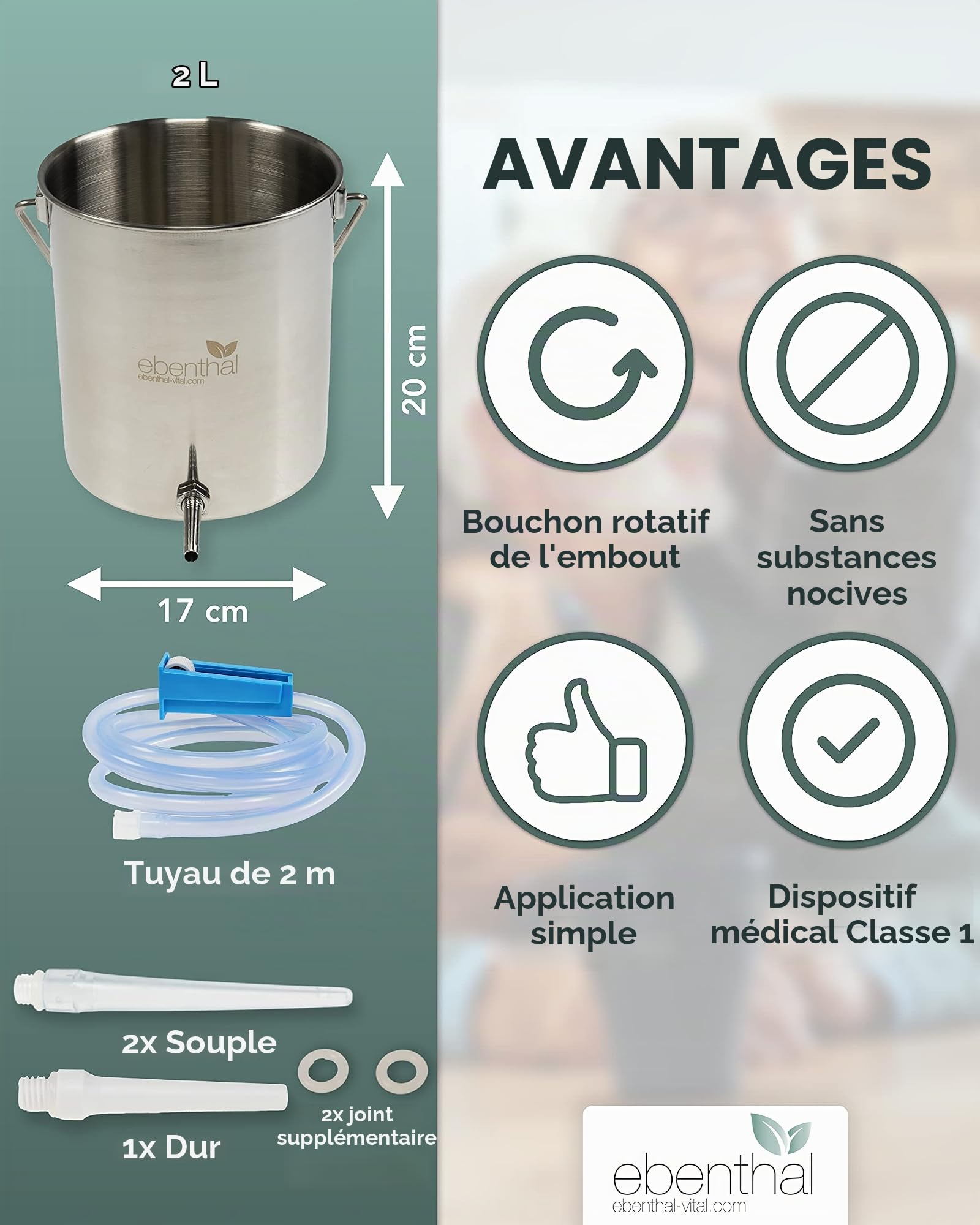 Sac de Lavement Premium EBENTHAL VITAL® 2 l • Kit pour Côlon Nettoyage • Bock à Lavement