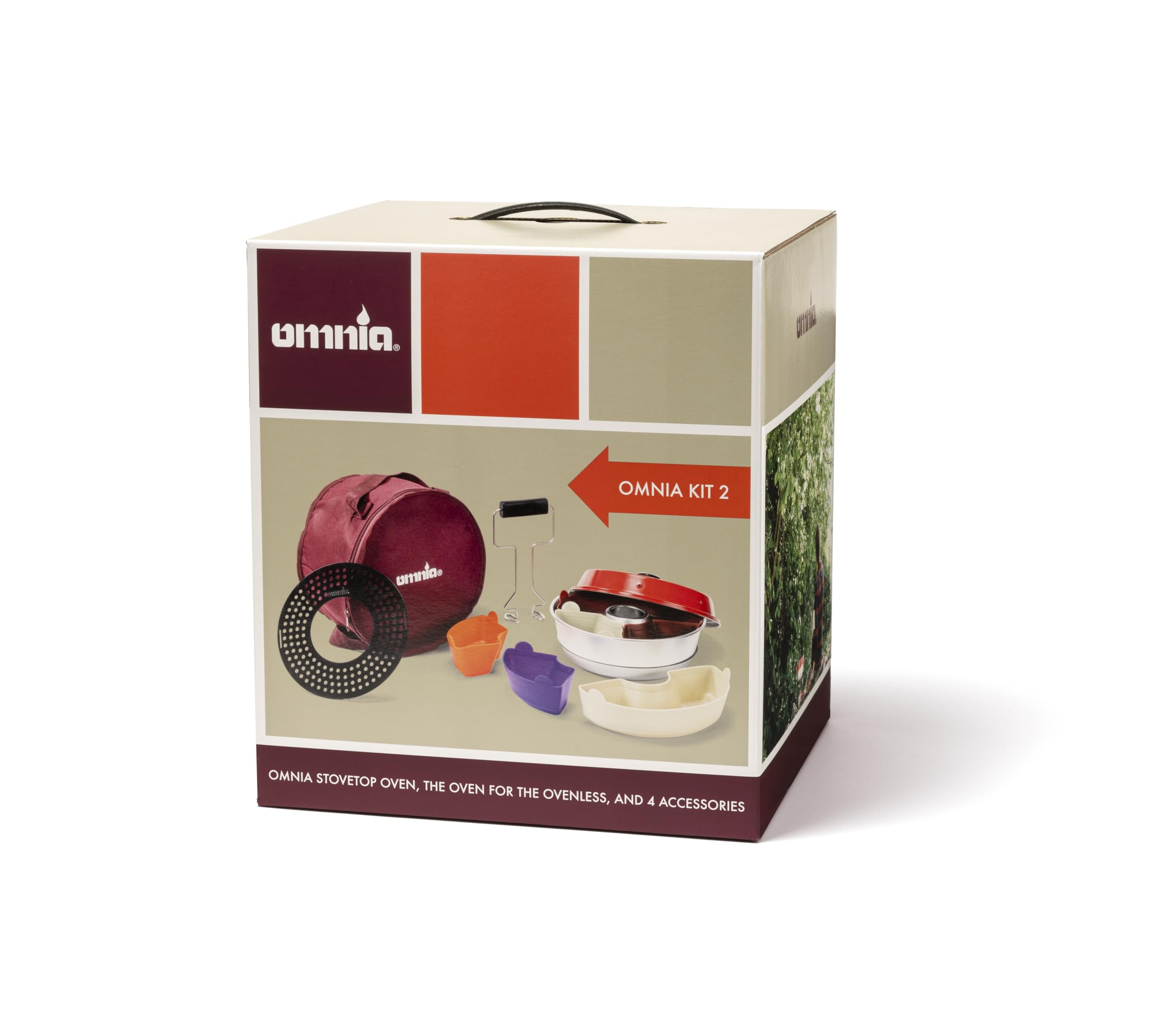 Omnia Pack 2 Four de Cuisson en Aluminium Émaillé avec Plaque Perforée, Sac de Rangement, 6 Moules en Silicone et Poignées de Levage, Rouge, 2L