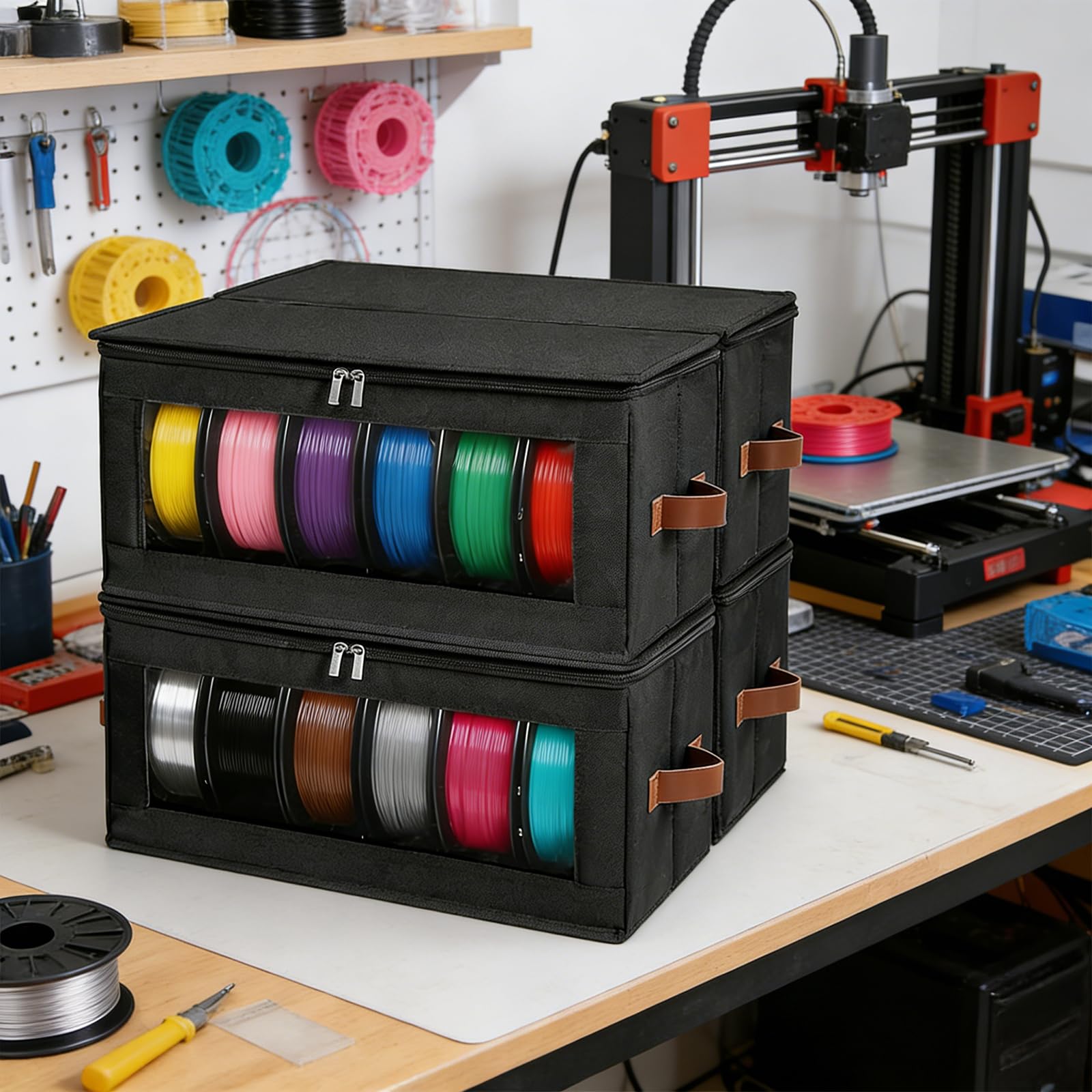4 Stück 3D Drucker Filament Aufbewahrung mit Griff für 24 Rollen | Tragbare Filament Box mit Reißverschluss für 3D Druck Filament Versiegelung und Schutz,Wasser Staubdicht,Sichtbare Display
