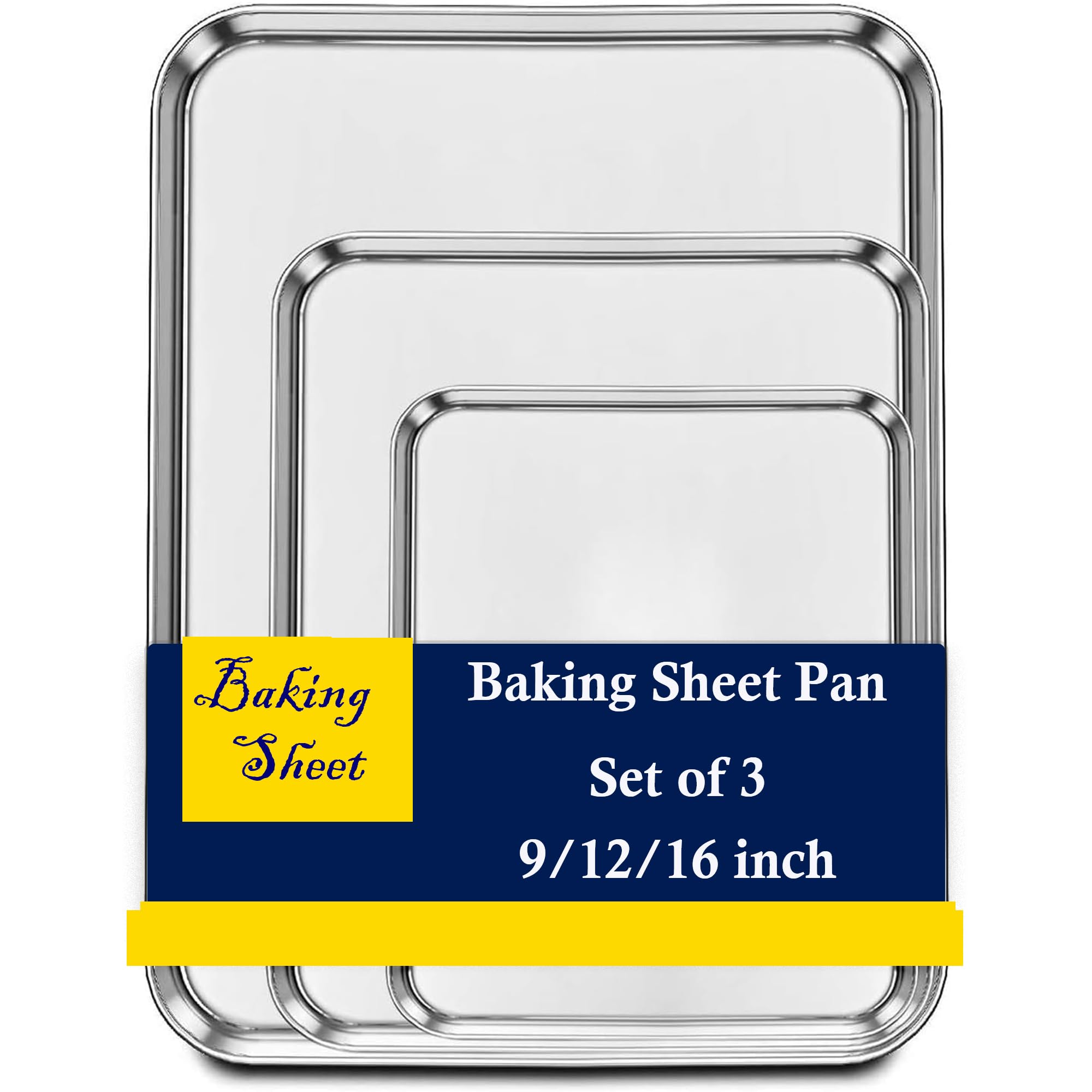 Set of 3 Baking Sheet, Stainless Steel Cookie Sheet Baking Sheet Pan, 9/12/16 Inch Cookie Tray Pans for Baking, Non Toxic & Easy Clean