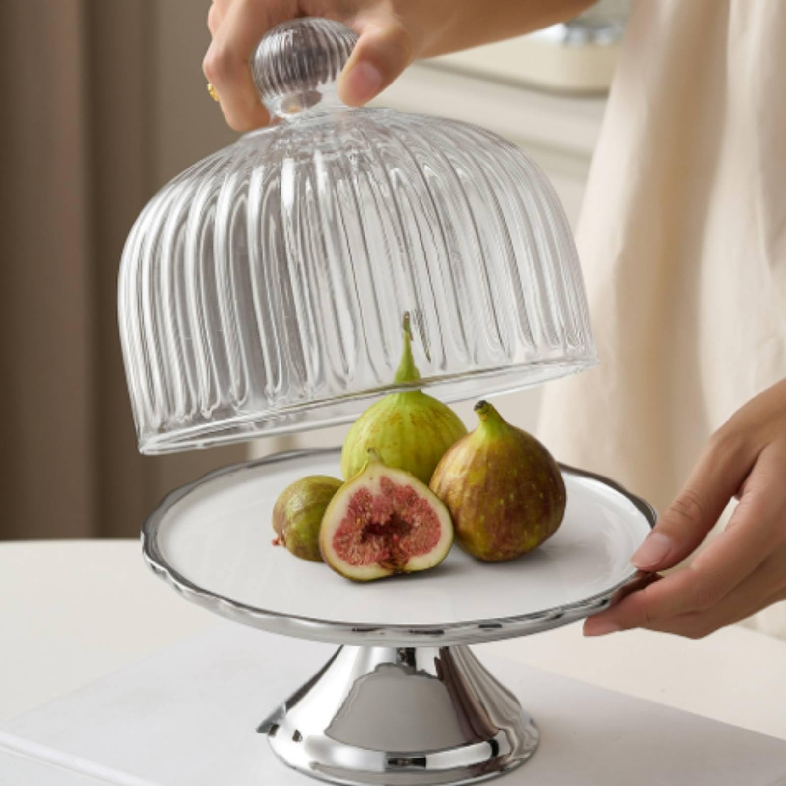 Présentoir à Gâteaux en Céramique Dôme en Verre Rond Support à sserts Dôme Cannelé Cloche à ssert Base pr s, L