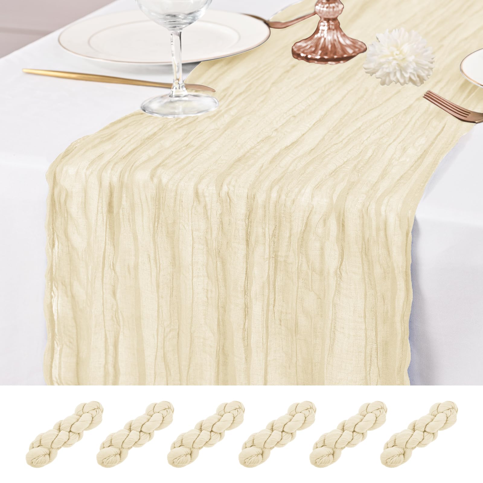 6 Pcs Iovry Table Runner 10Ft Cheesecloth Table Runner 21x120 inch Rustic Gauze Table Runners Romantic Long Sheer Fabric Cheese Cloth Table Runners for Wedding Party Bridal Baby Shower