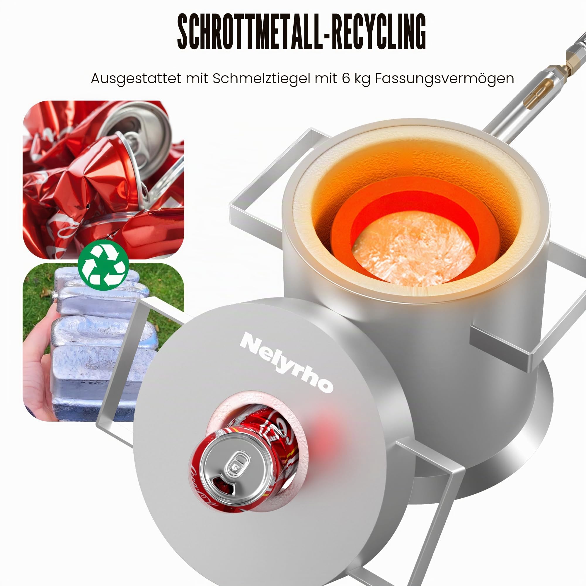 Nelyrho Schmelzofen-Set, 6 kg, Edelstahl-Gießerei mit Tiegel, Tiegelzange, Handschuhen, ideal zum Schmelzen von Gold, Silber, Kupfer und Aluminium, Metall-Recycling-Gusswerkzeug