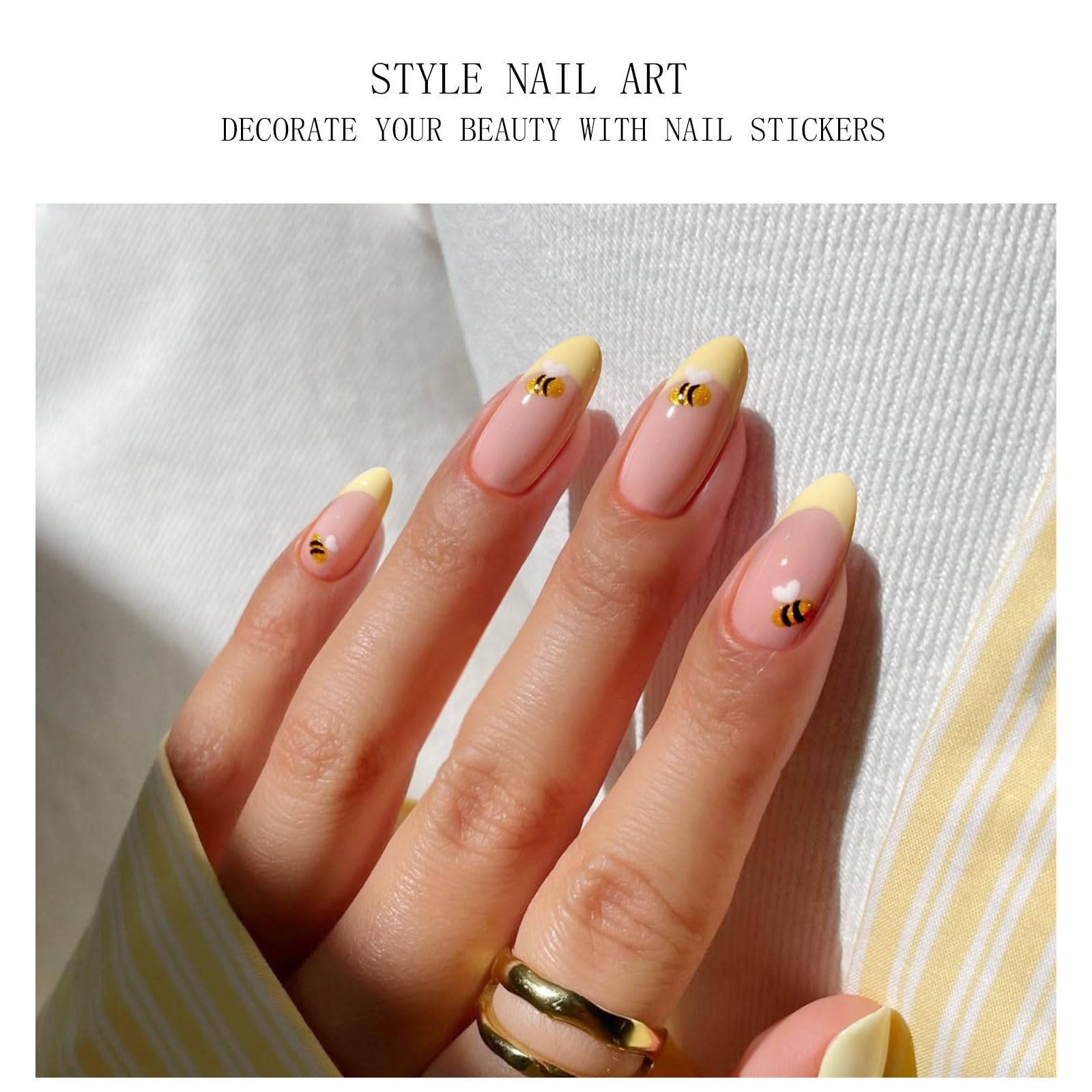 JMEOWIO Gel Nail Stickers Bee Yellow French Tip Semi Cured Gel Nail Strips Wraps UV/LED Nails Art Design Decoration Accessories - Image 3